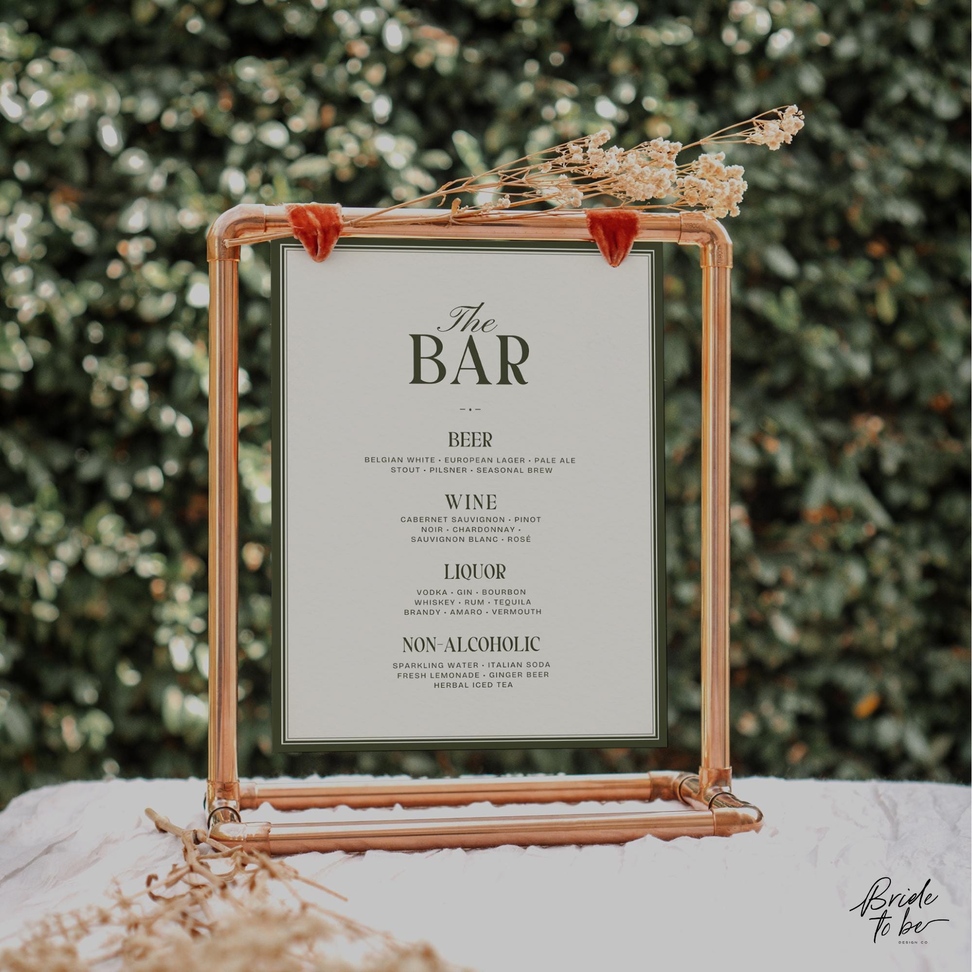 Olive Green Bar Menu Sign – Old Money Wedding Drinks List Canva Template