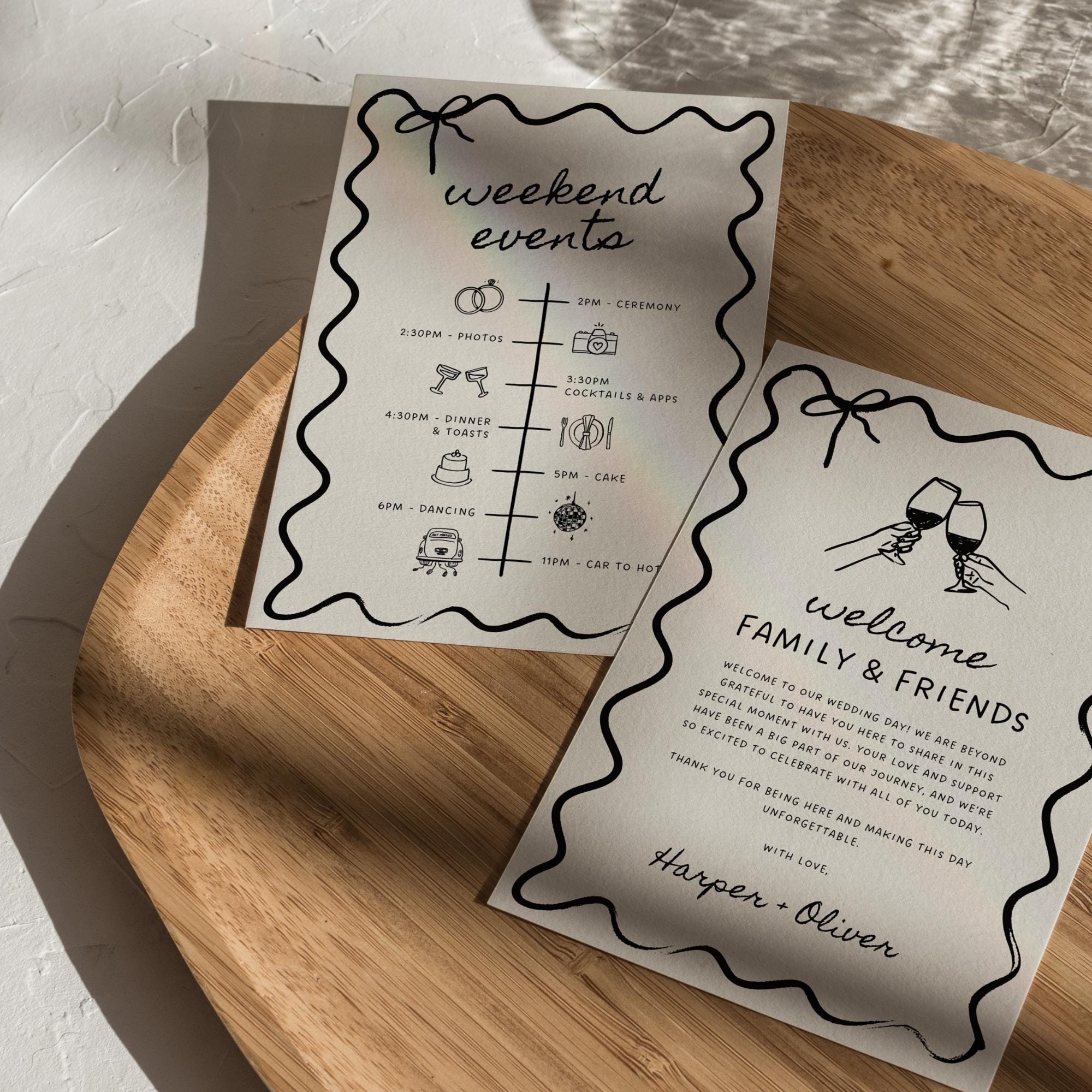 Wavy Wedding Welcome Bag Insert & Timeline – Hand-Drawn Wedding Program Canva Template