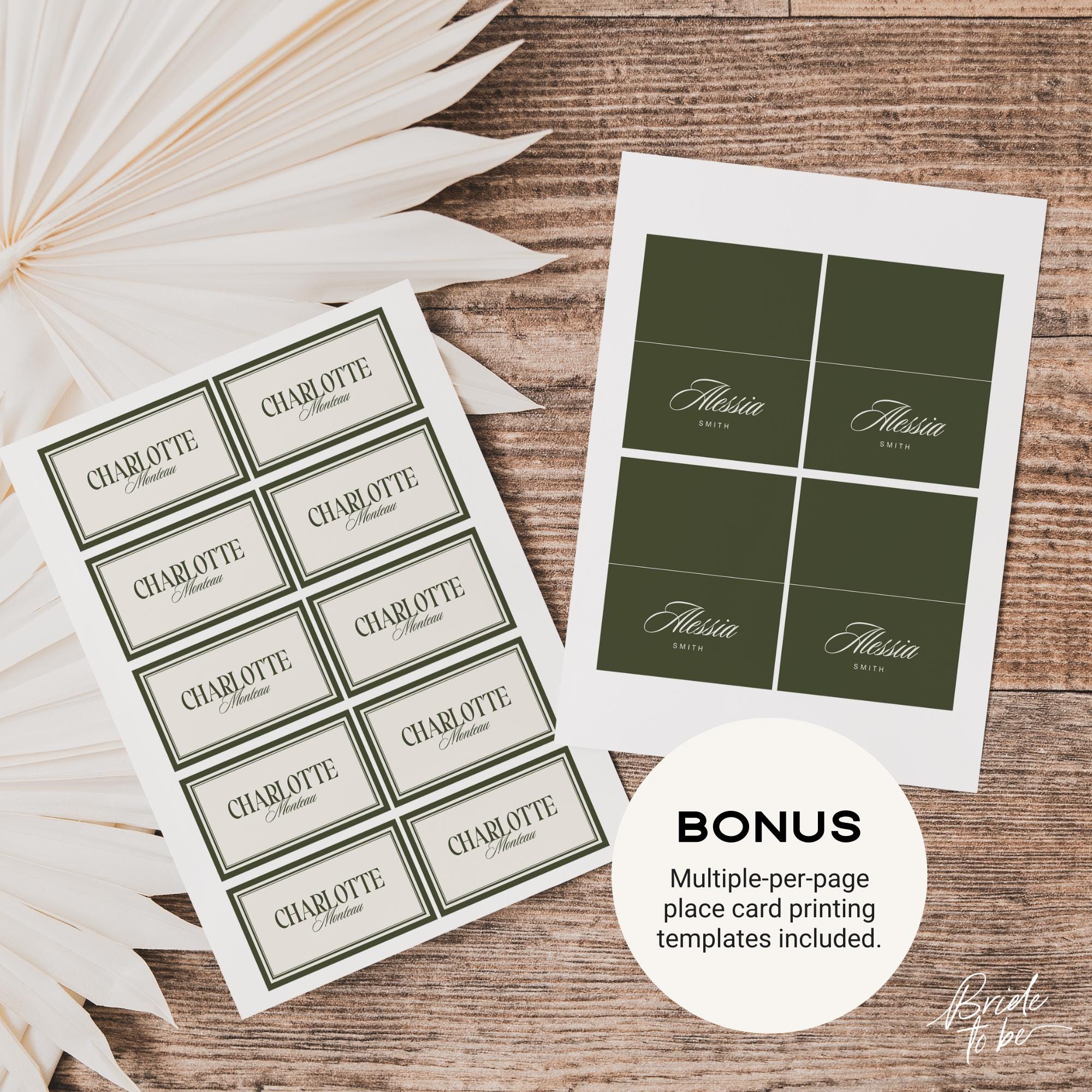 Old Money Wedding Menu & Place Cards Set - Olive Green Elegant Canva Templates