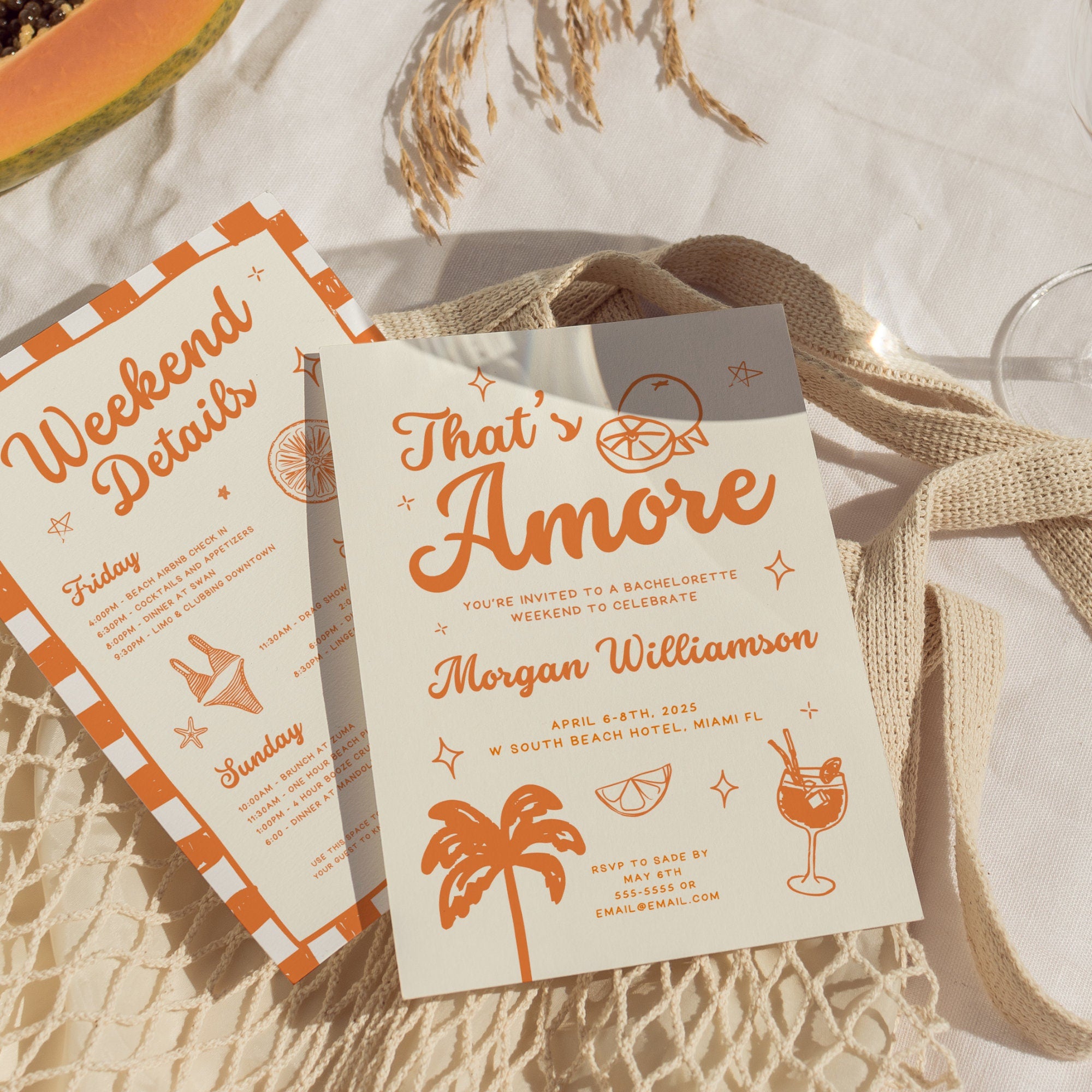 Orange “That’s Amore” Bachelorette Invitation, Itinerary & Packing List – Editable Canva Template
