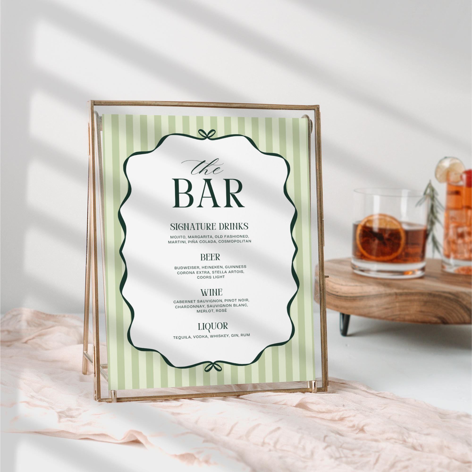 Old Money Aesthetic Bar Menu Sign – Elegant Striped Wedding Bar Sign Canva Template