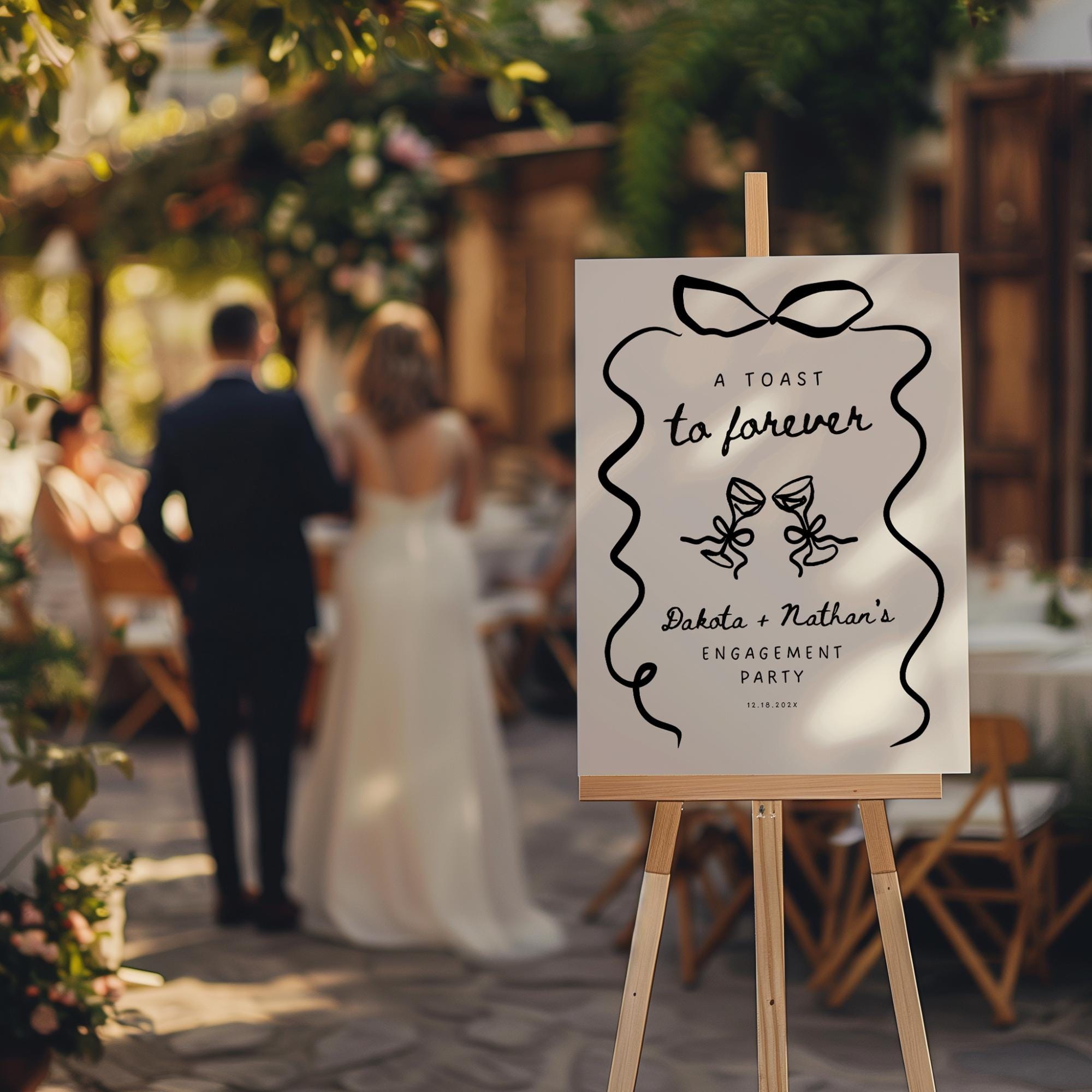 Wavy Bow Engagement Party Welcome Sign – Whimsical Hand-Drawn Champagne Canva Template