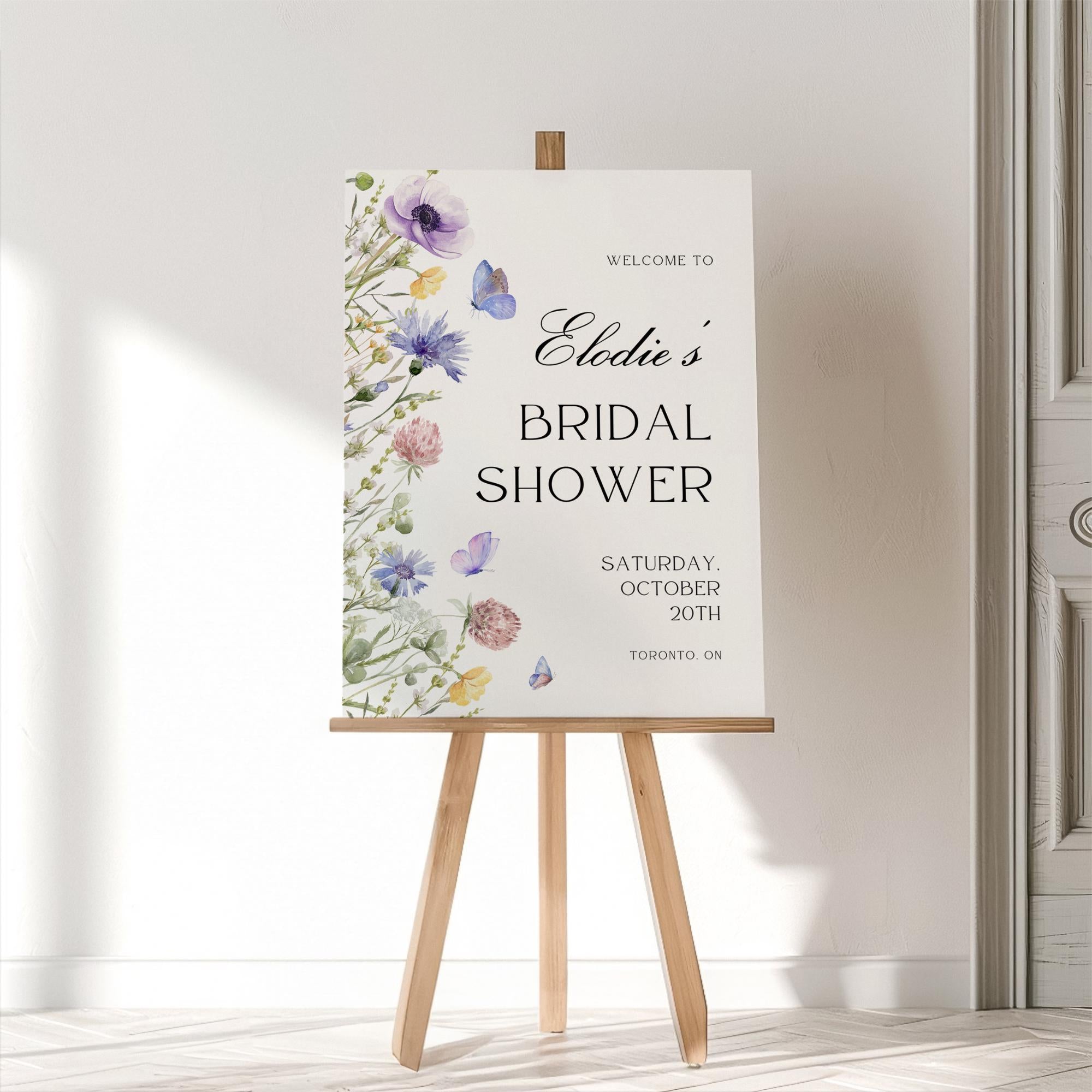 Wildflower Bridal Shower Welcome Sign – Editable Butterfly Floral Welcome Sign Canva Template