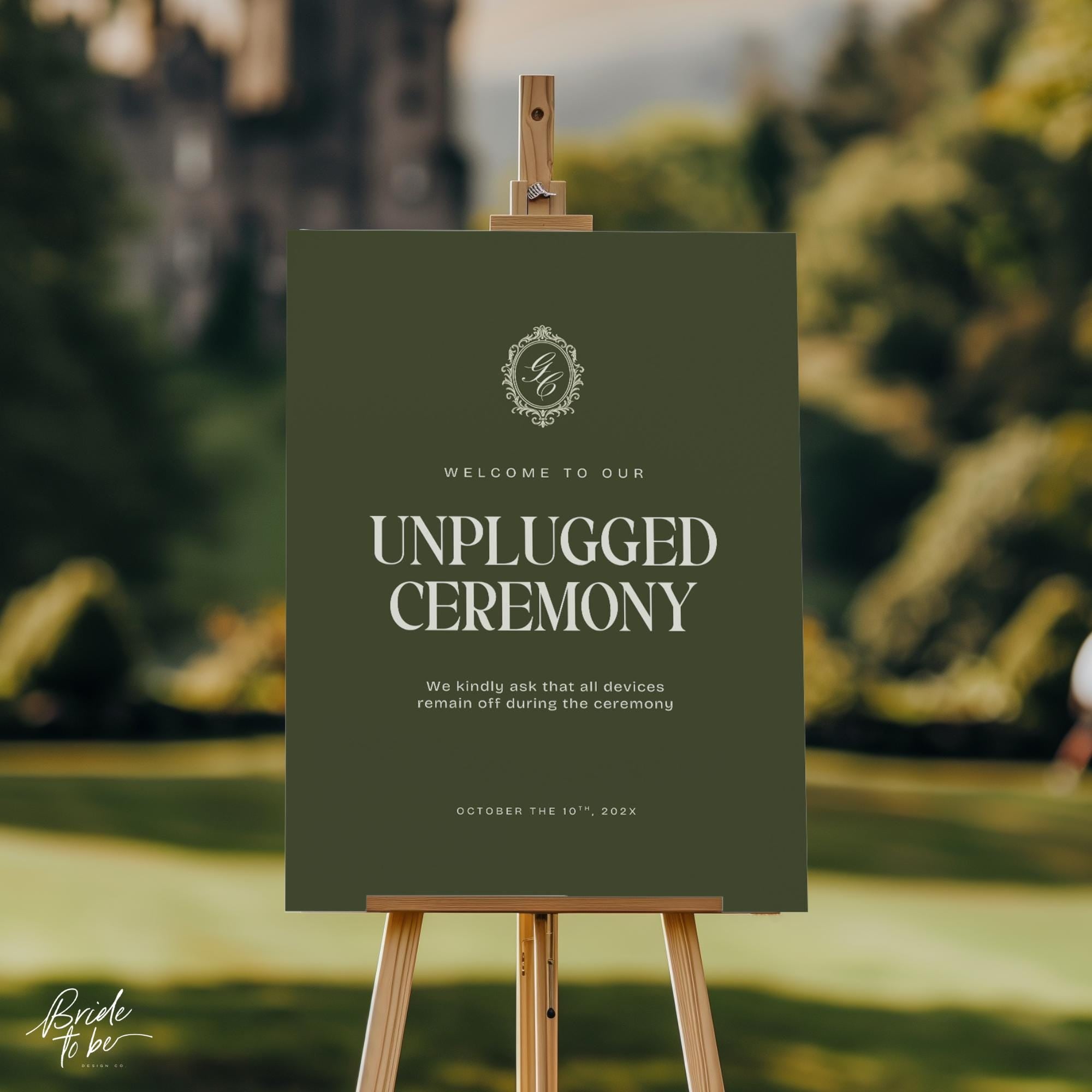 Old Money Unplugged Ceremony Sign Template – Olive Green Wedding Sign – Elegant Canva Printable