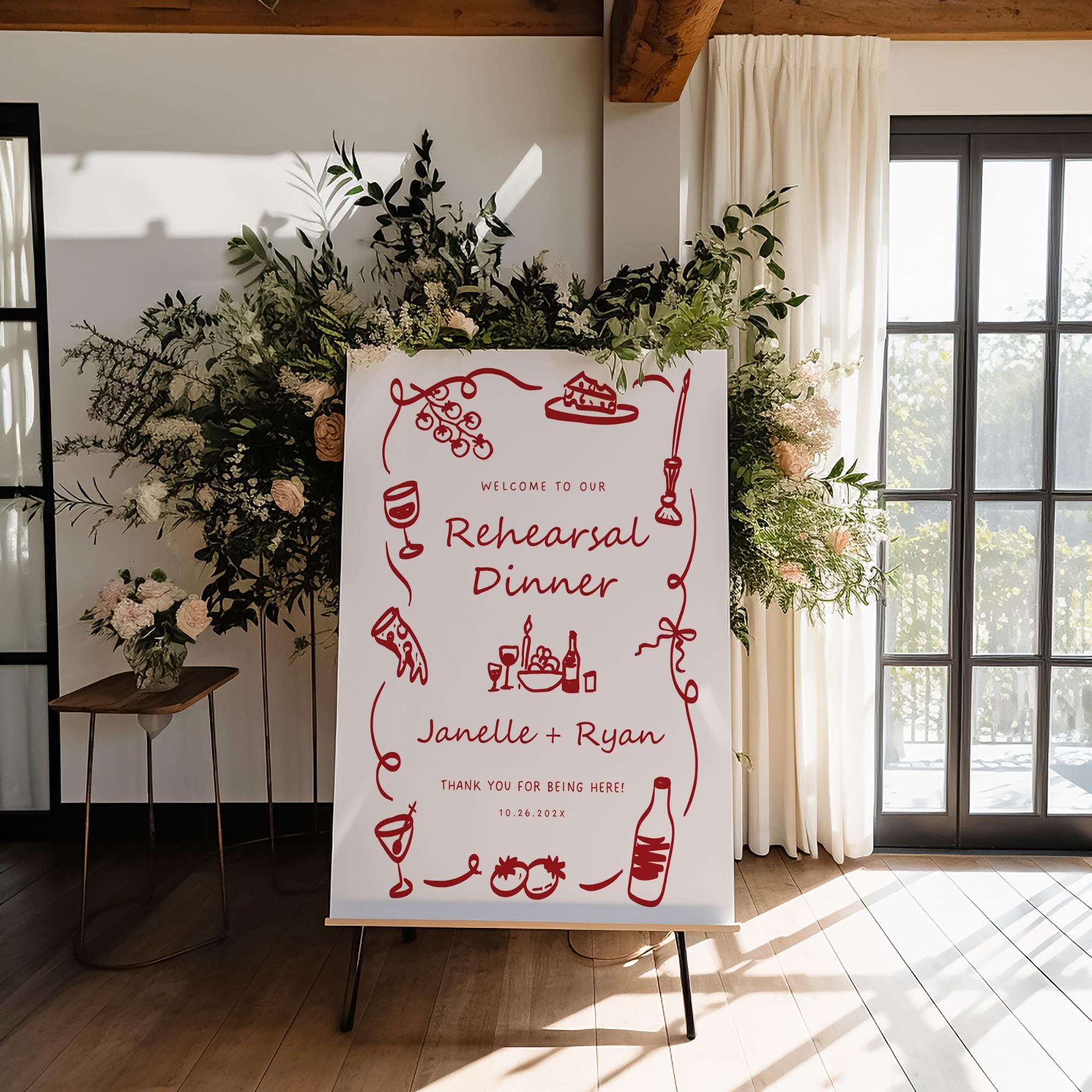 Whimsical Italian Rehearsal Dinner Welcome Sign – Hand-Drawn Engagement Party Canva Template
