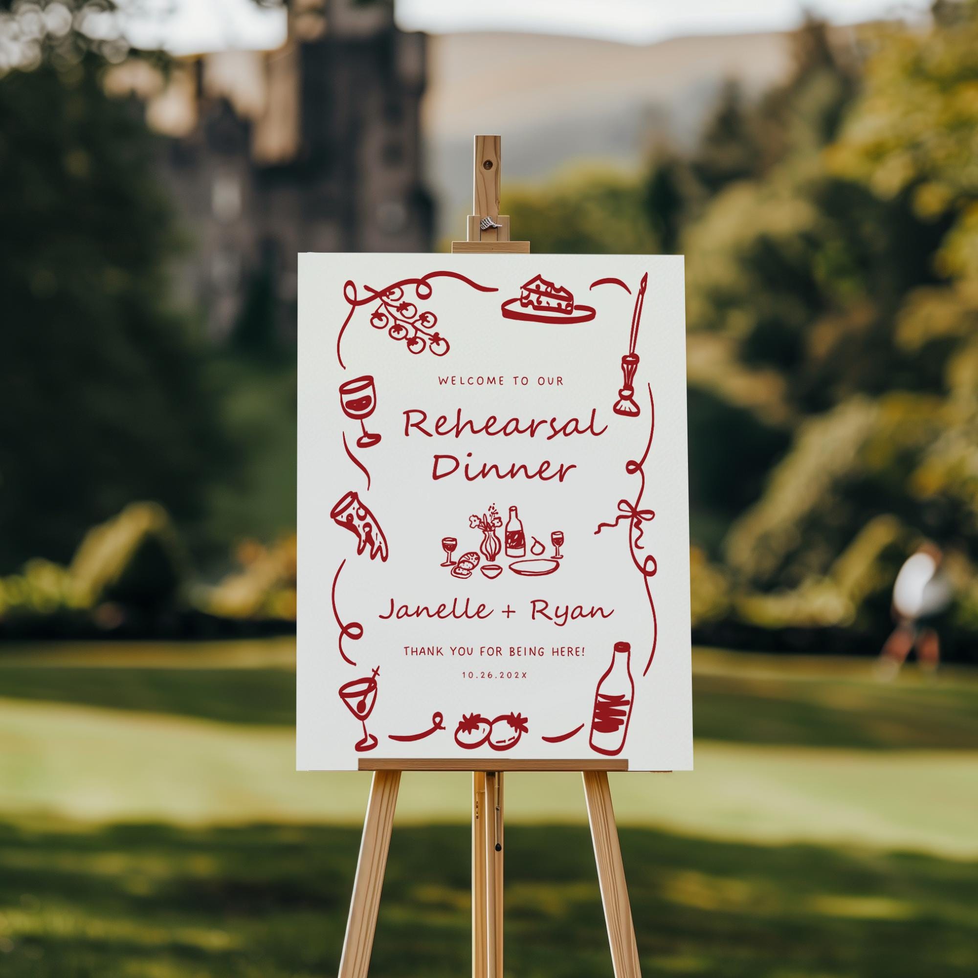 Whimsical Italian Rehearsal Dinner Welcome Sign – Hand-Drawn Engagement Party Canva Template
