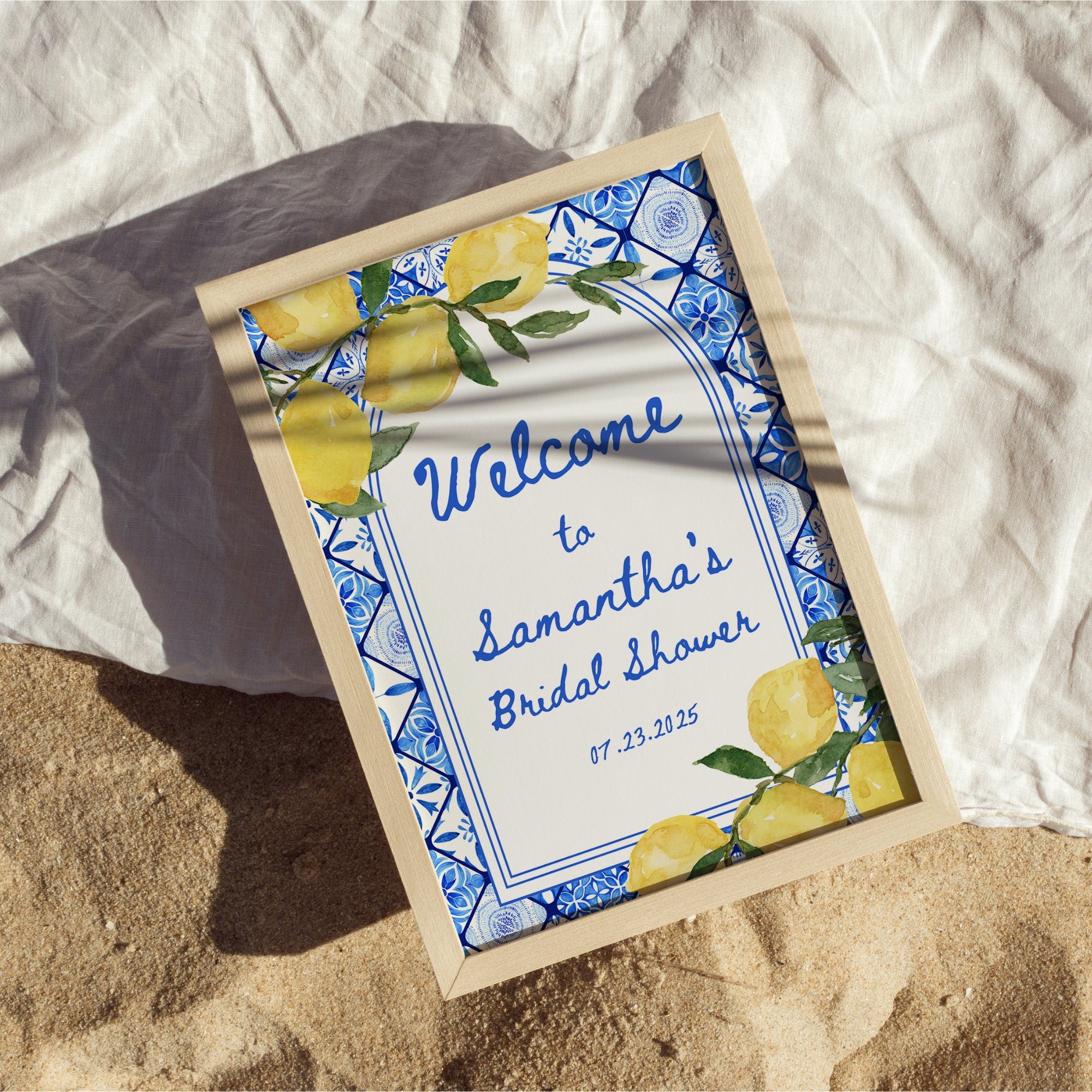 Blue Tile Italian Lemon Bridal Shower Welcome Sign – Editable Canva Bridal Shower Decor