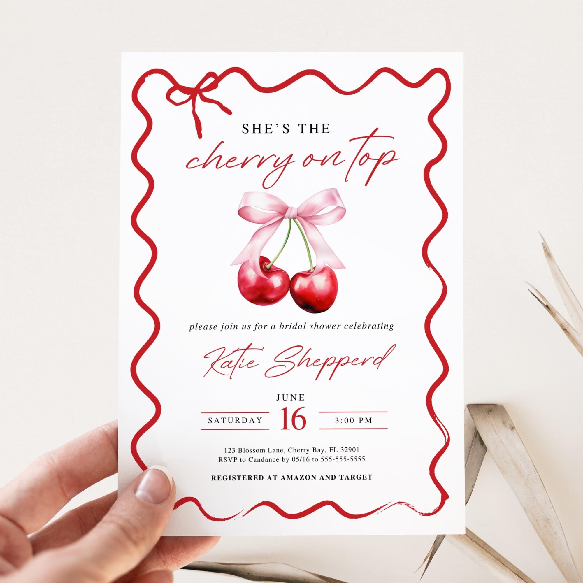 Cherry On Top Bridal Shower Invitation Template, Pink Bridal Shower Invite, Cherry Bridal Brunch Invitation, Wedding Shower Invitations DIY
