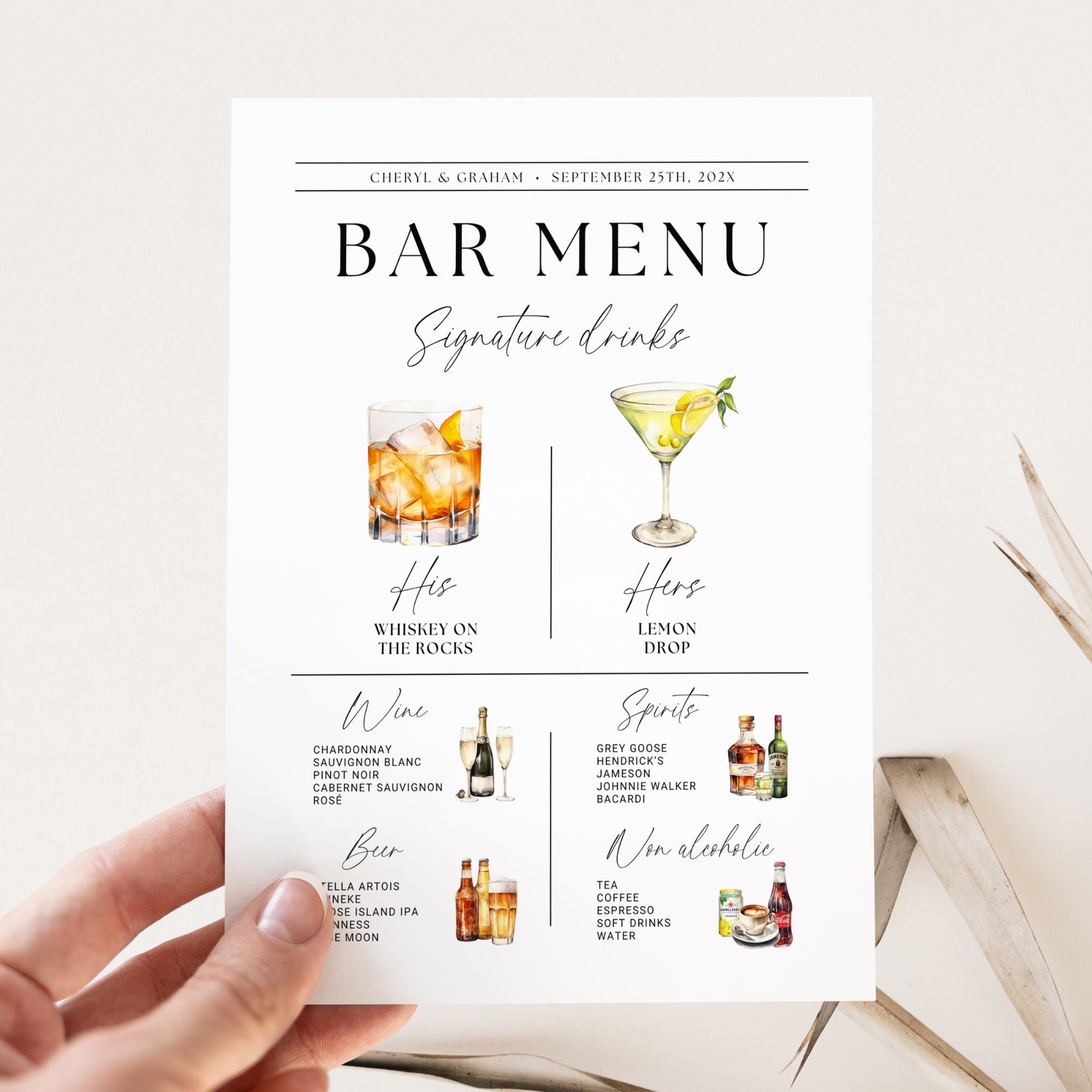 Wedding Bar Menu Sign Template – Modern Signature Drinks & His and Hers Cocktails Canva DIY
