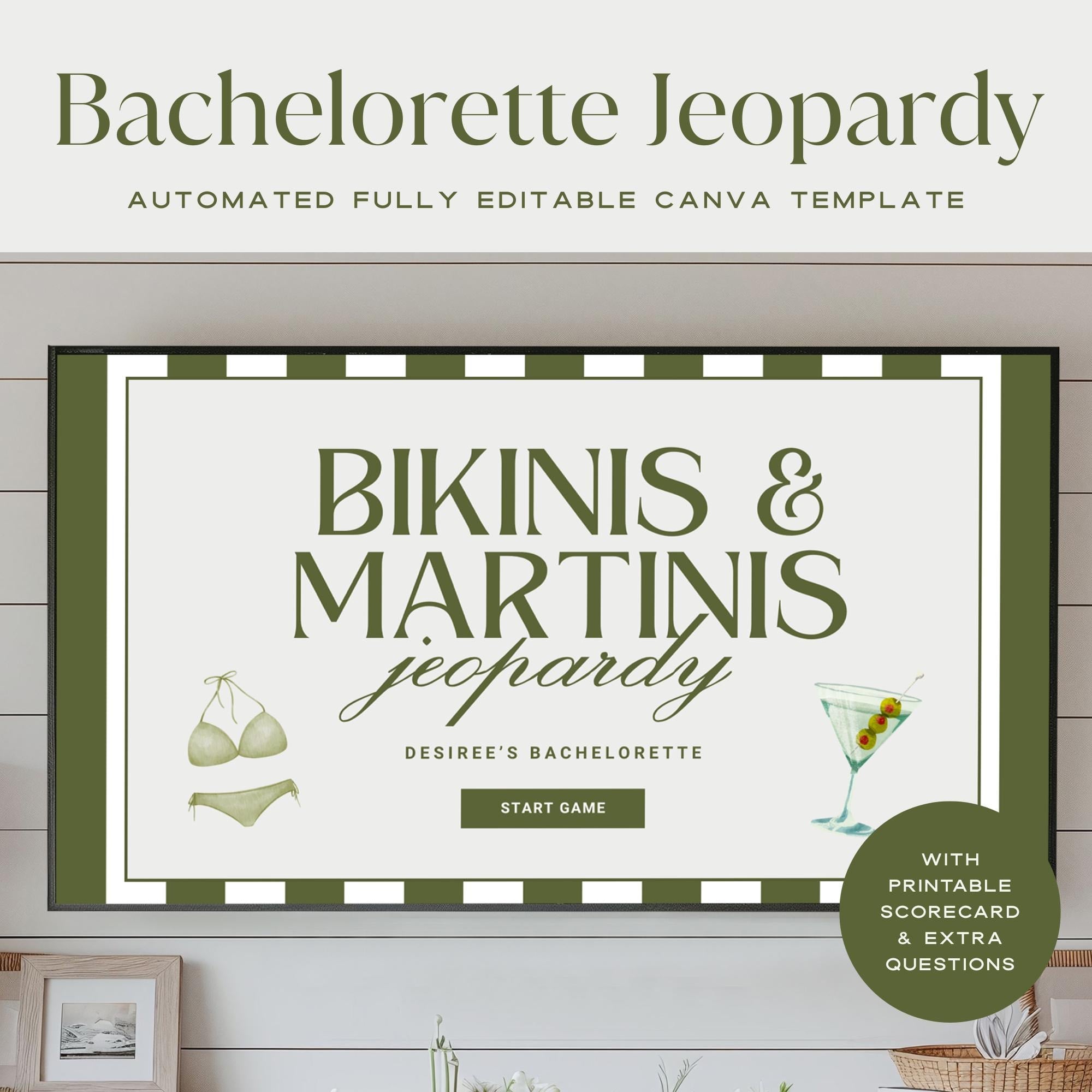 Bikinis and Martinis Bachelorette Jeopardy Game Template, Bach Drinking Game Hens Party, Martinis and Bikinis Bachelorette Trivia Game Canva
