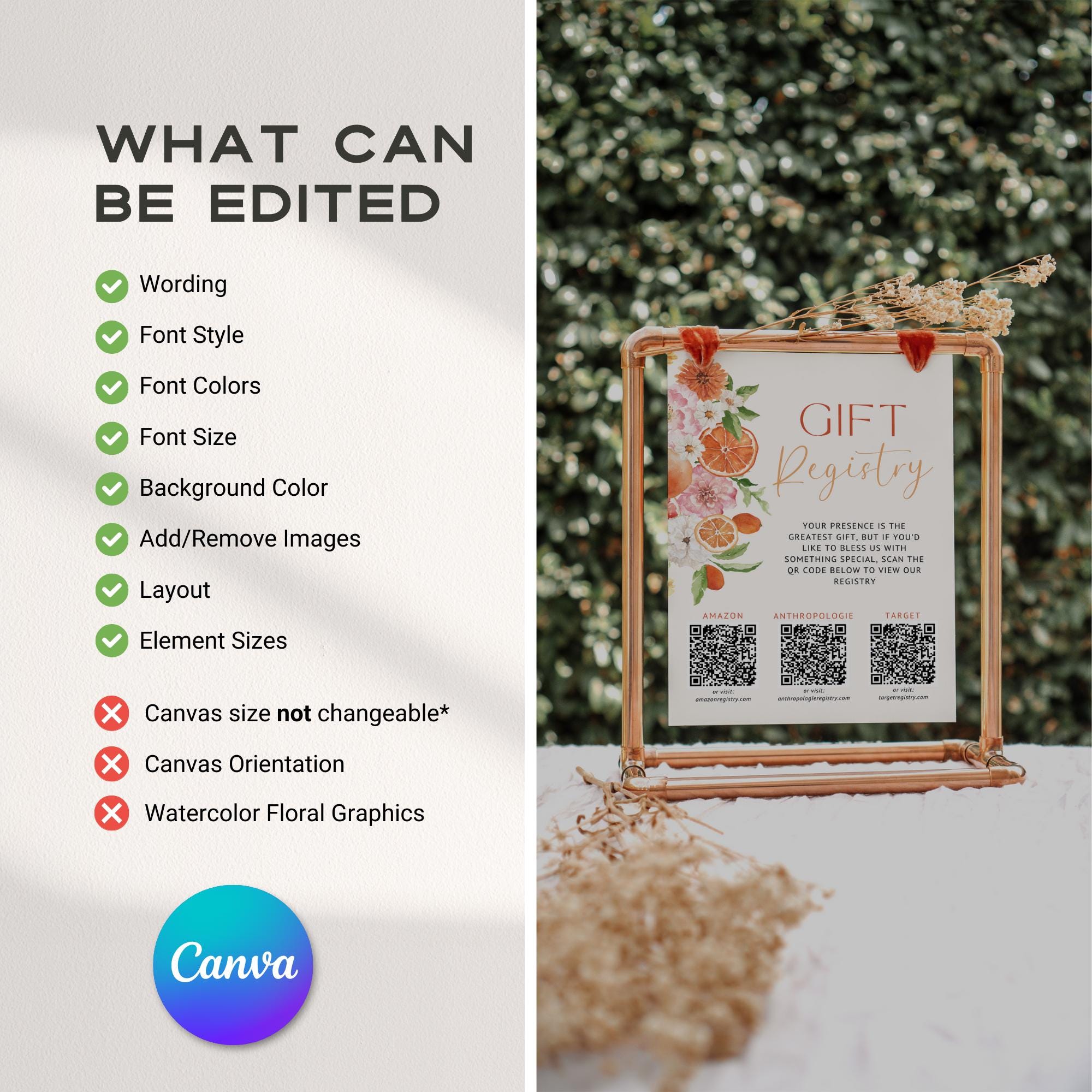 Citrus Gift Registry Bridal Shower Sign Template – Editable Wedding Registry QR Code Sign, Floral Citrus Shower Sign Canva Template