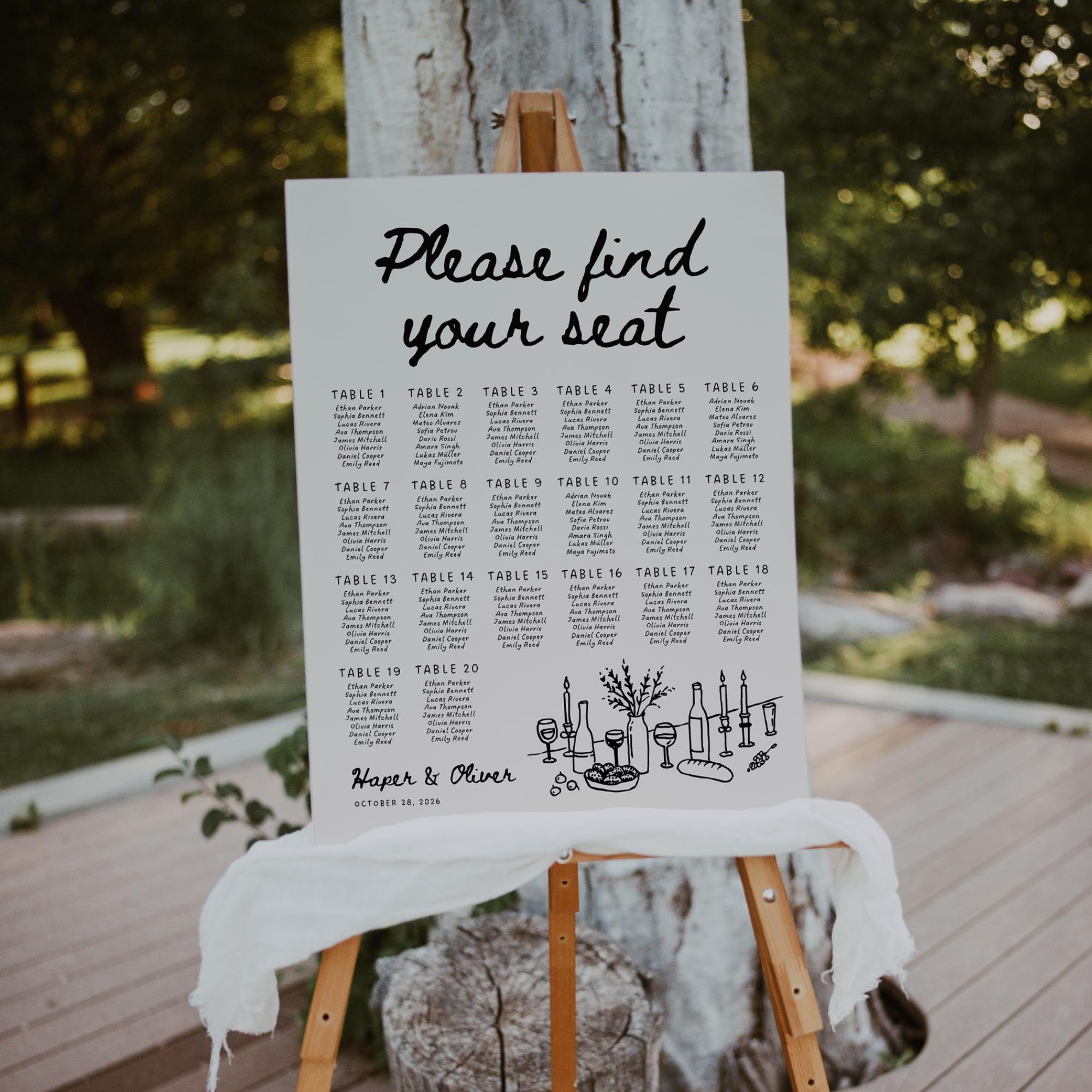 Whimsical Wedding Seating Chart Template – Hand-Drawn Editable Table Layout Canva Sign