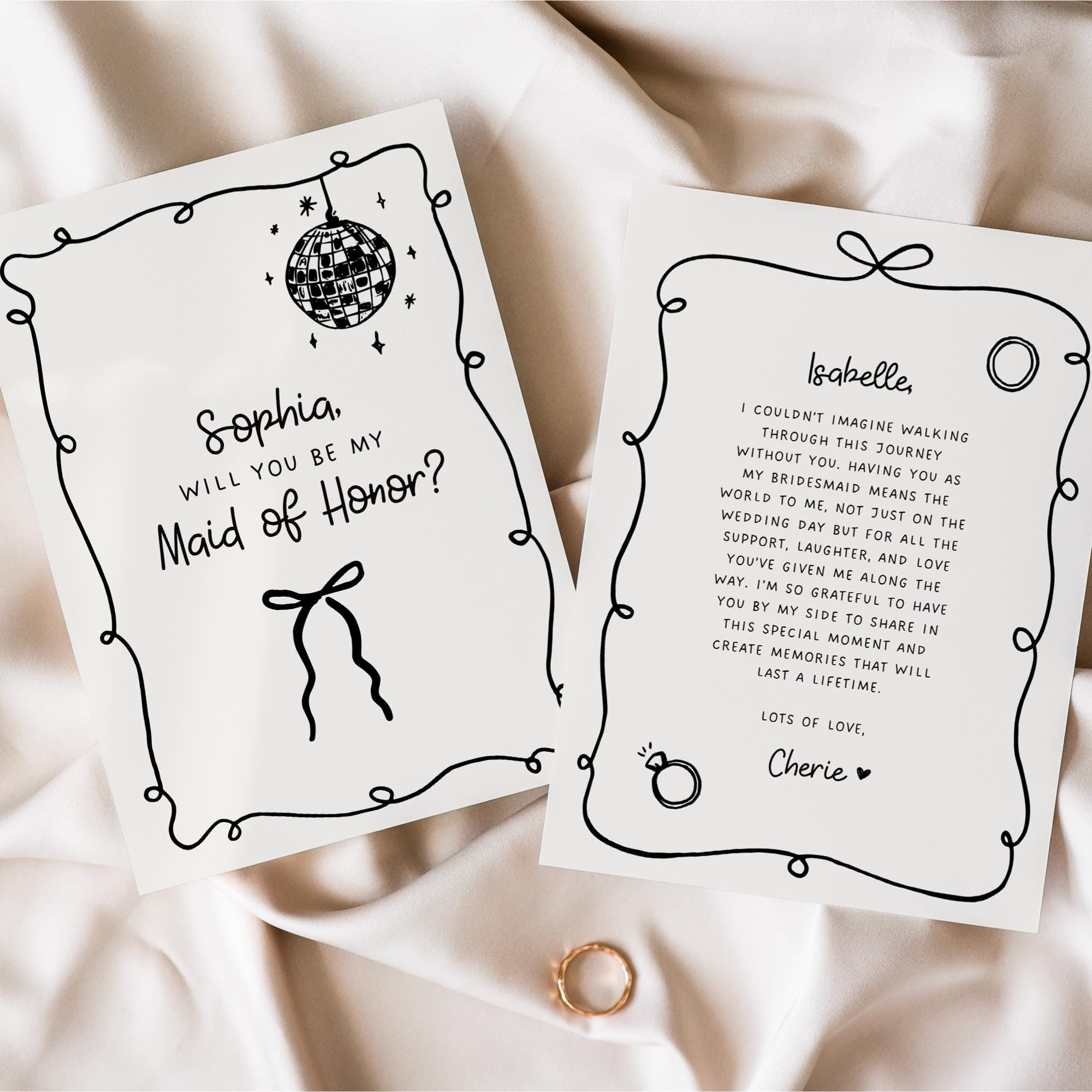 Whimsical Bridesmaid Proposal Card Template – Hand-Drawn Bow Bridal Party Cards