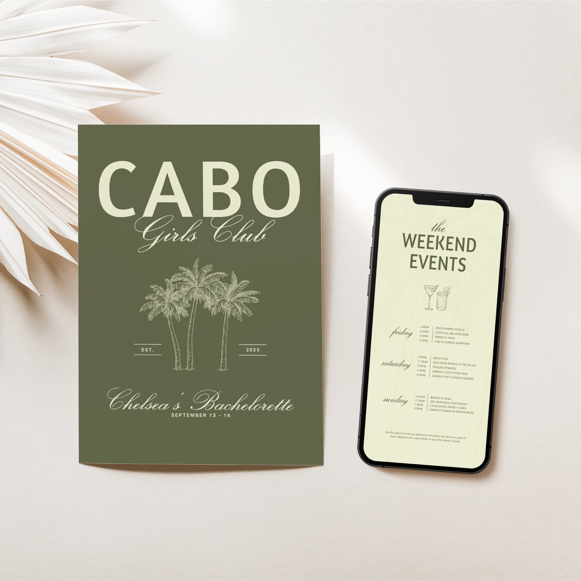 Cabo Bachelorette Invitation & Weekend Itinerary – Mexico Girls Trip Canva Template