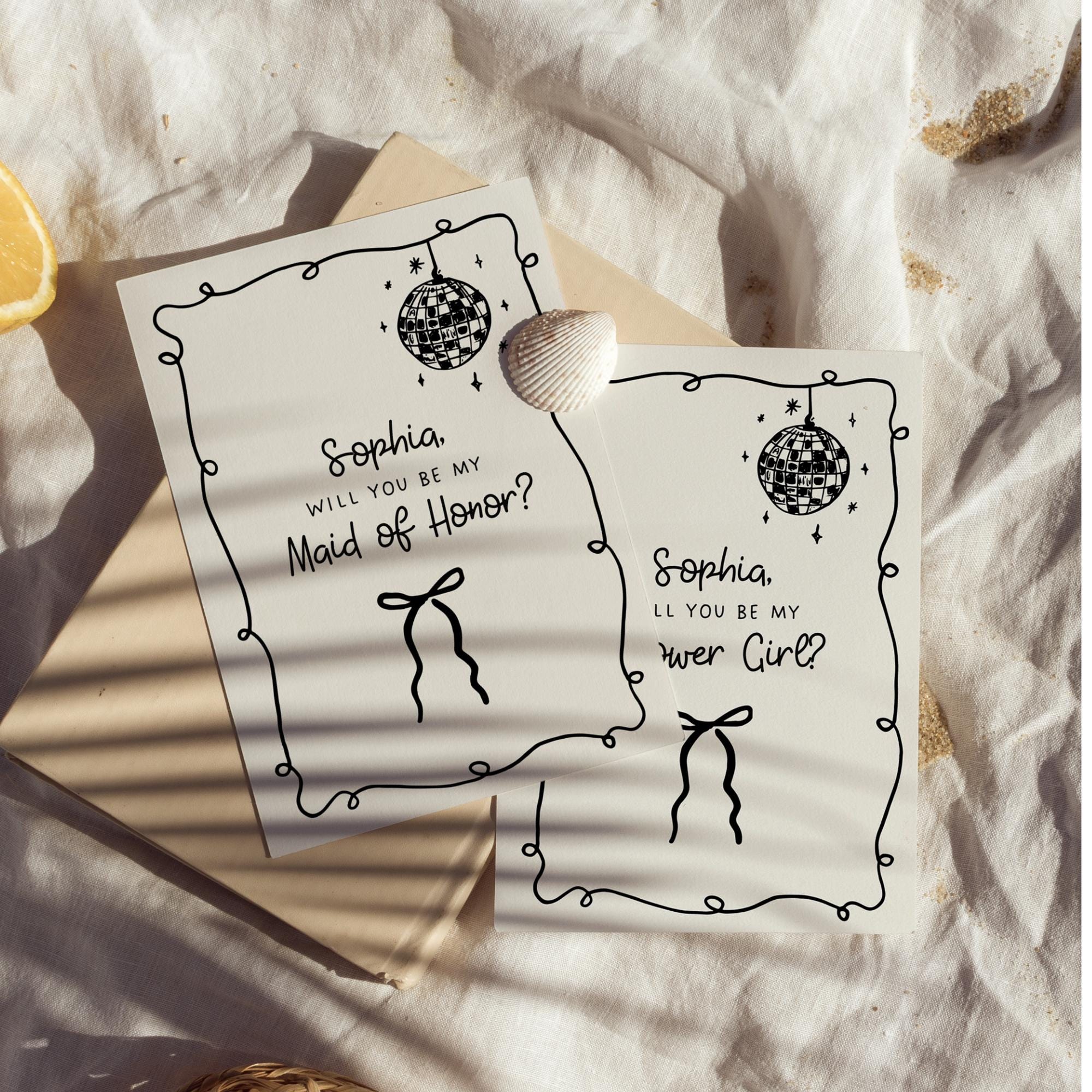 Whimsical Bridesmaid Proposal Card Template – Hand-Drawn Bow Bridal Party Cards