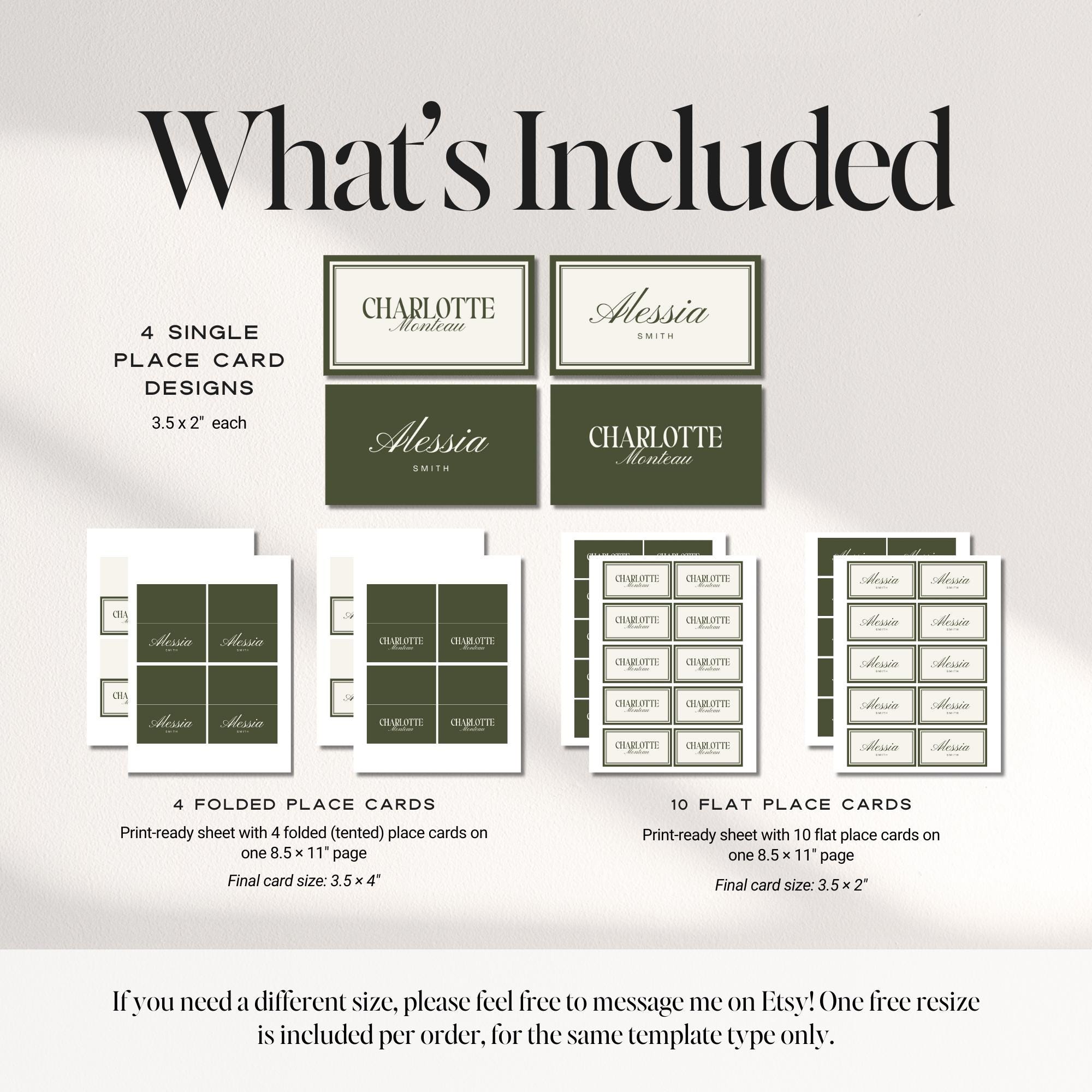 Olive Green Old Money Place Cards – Luxury Flat & Folded Canva Templates