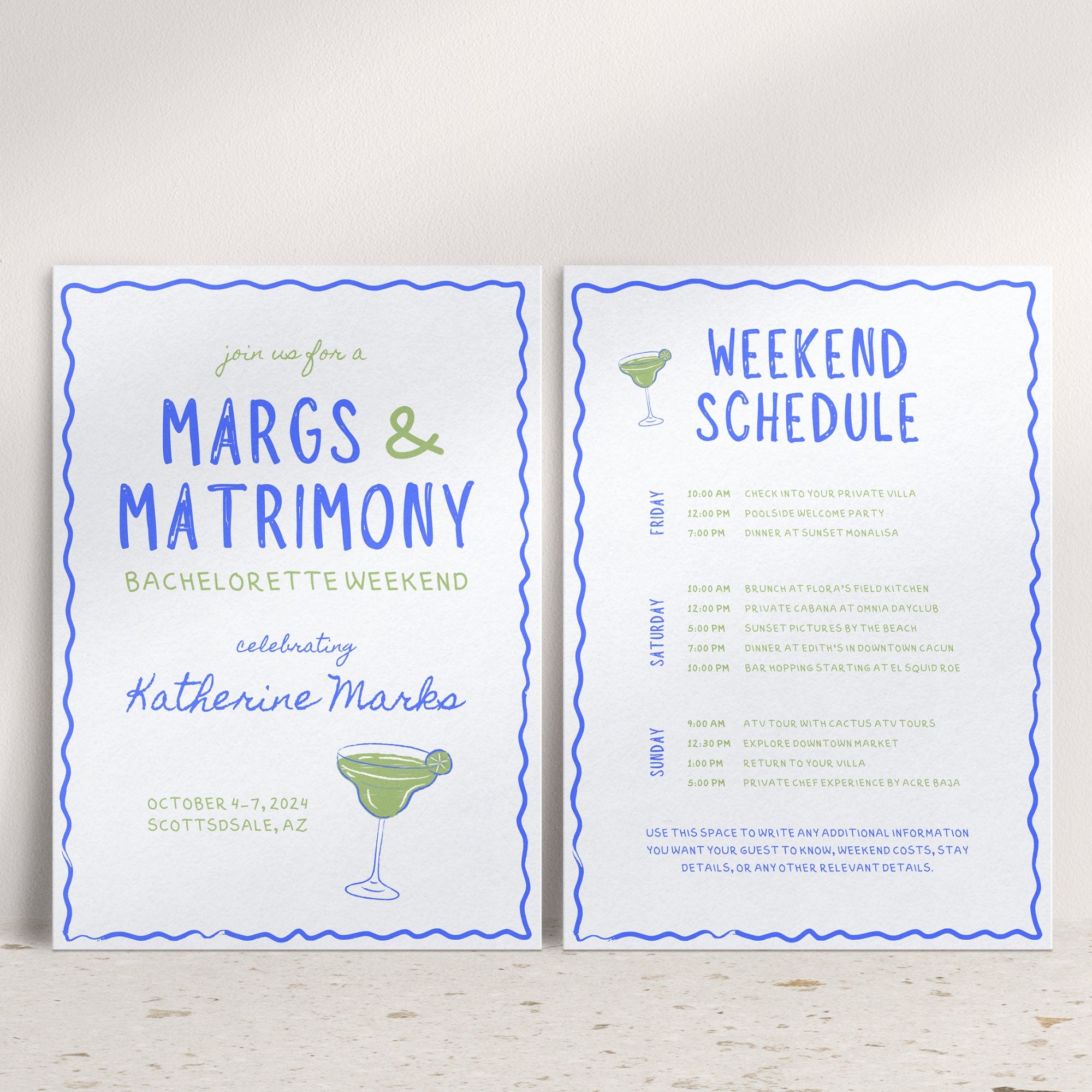 Wavy Margs and Matrimony Bachelorette Invitation & Itinerary – Editable Canva Template