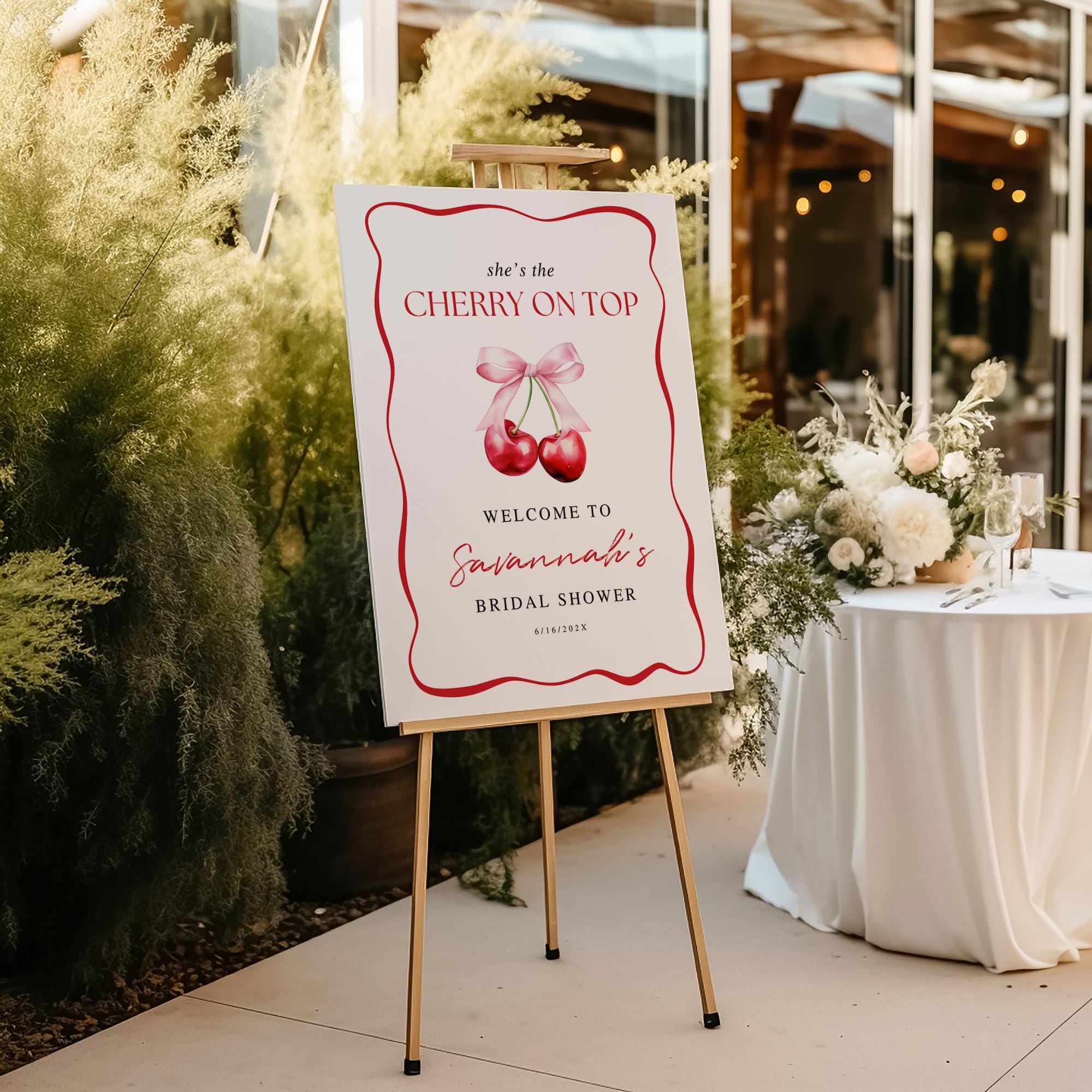 Cherry On Top Bridal Shower Welcome Sign Template – Editable Canva, Wavy Pink Cherries Design