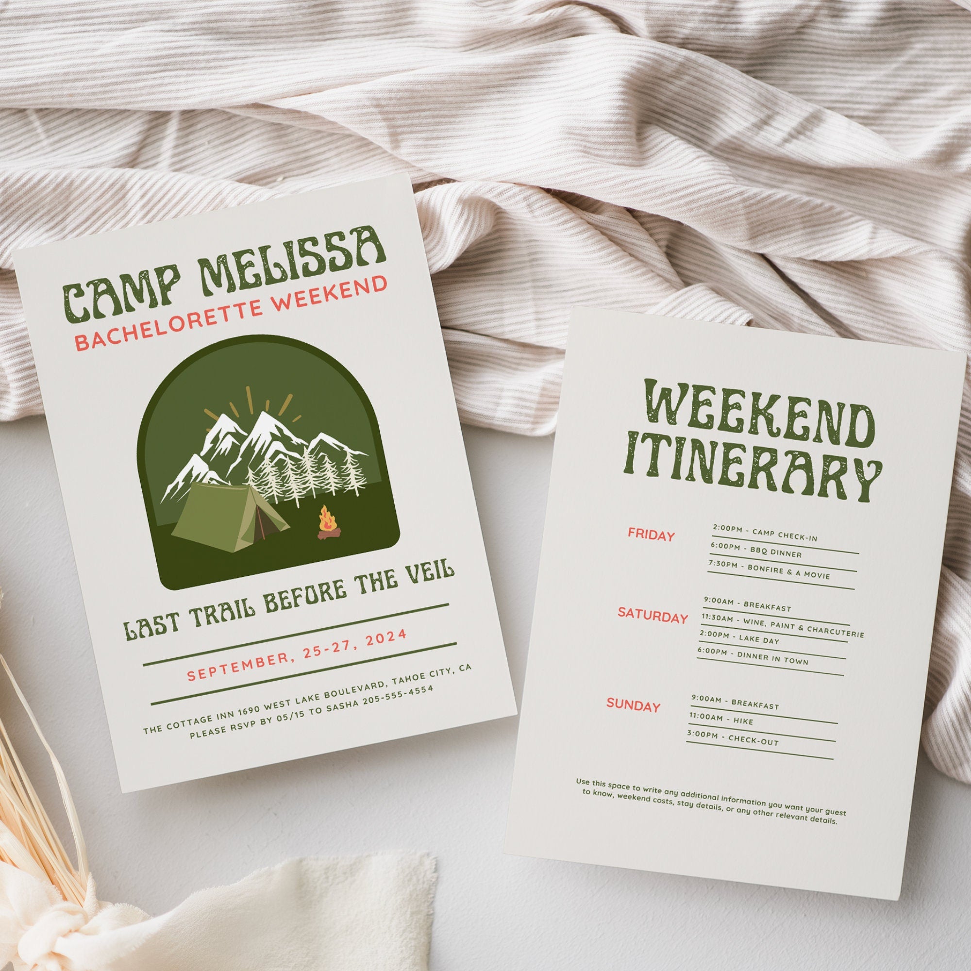 Camp Bachelorette Party Invitation, Itinerary & Packing List Template | Last Trail Before the Veil | Girls Trip Weekend | Camping Bachelorette Printable