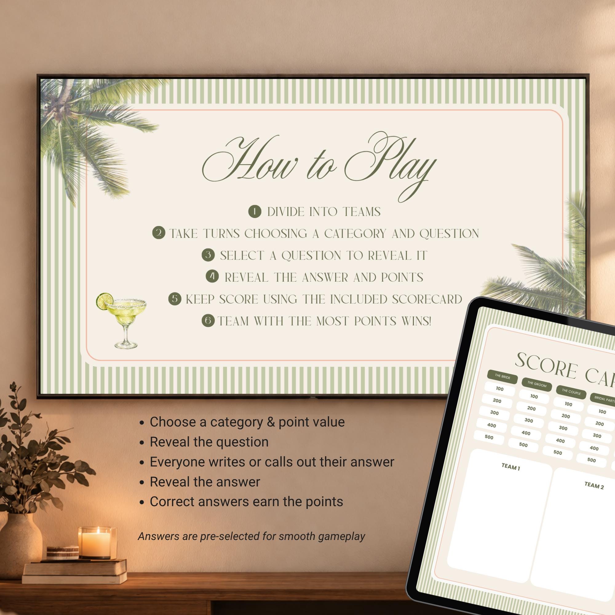 Tequila & Tanlines Bachelorette Trivia Game – Beach Canva Party Game