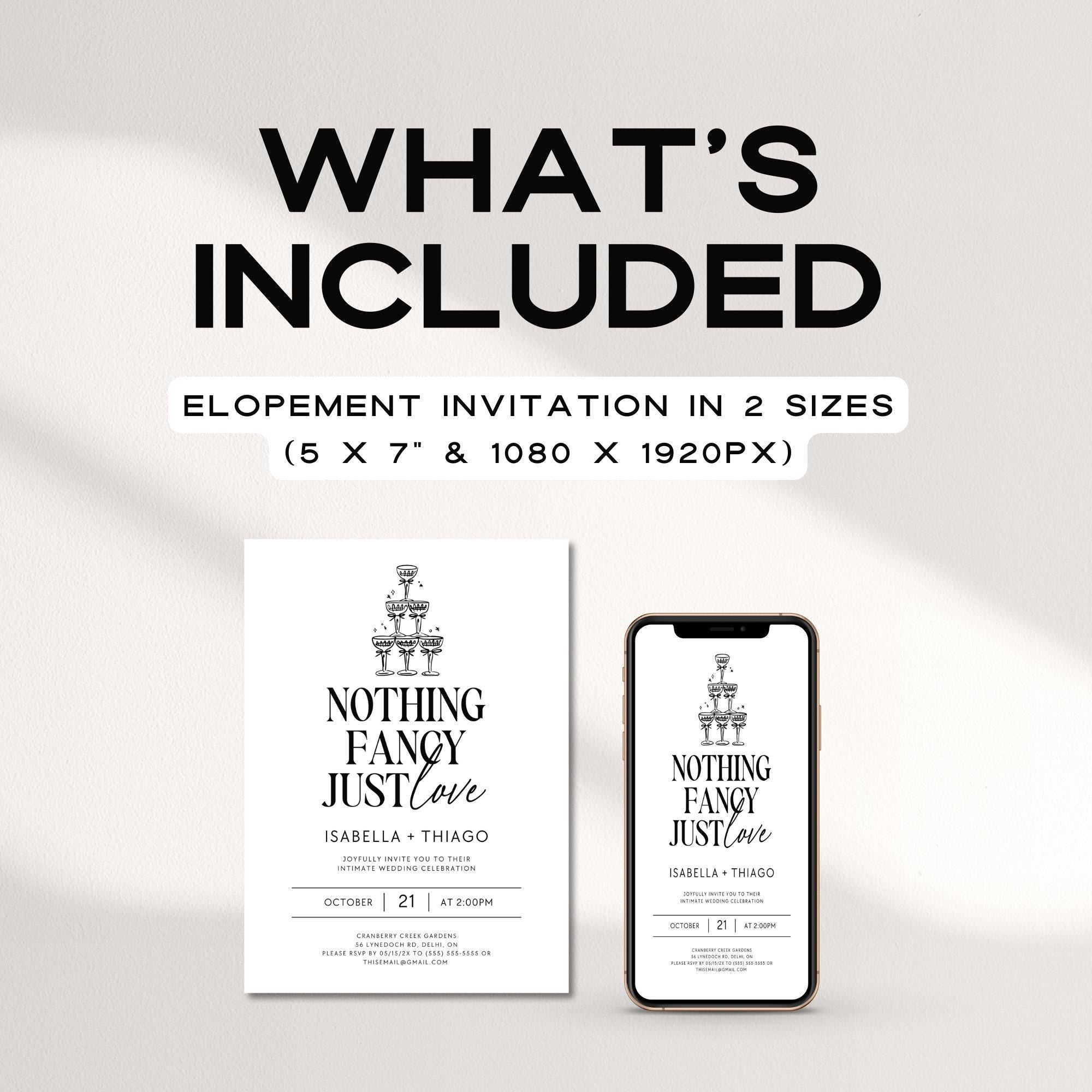 Nothing Fancy Just Love Invitation – Minimalist Elopement Announcement & Modern Canva Template