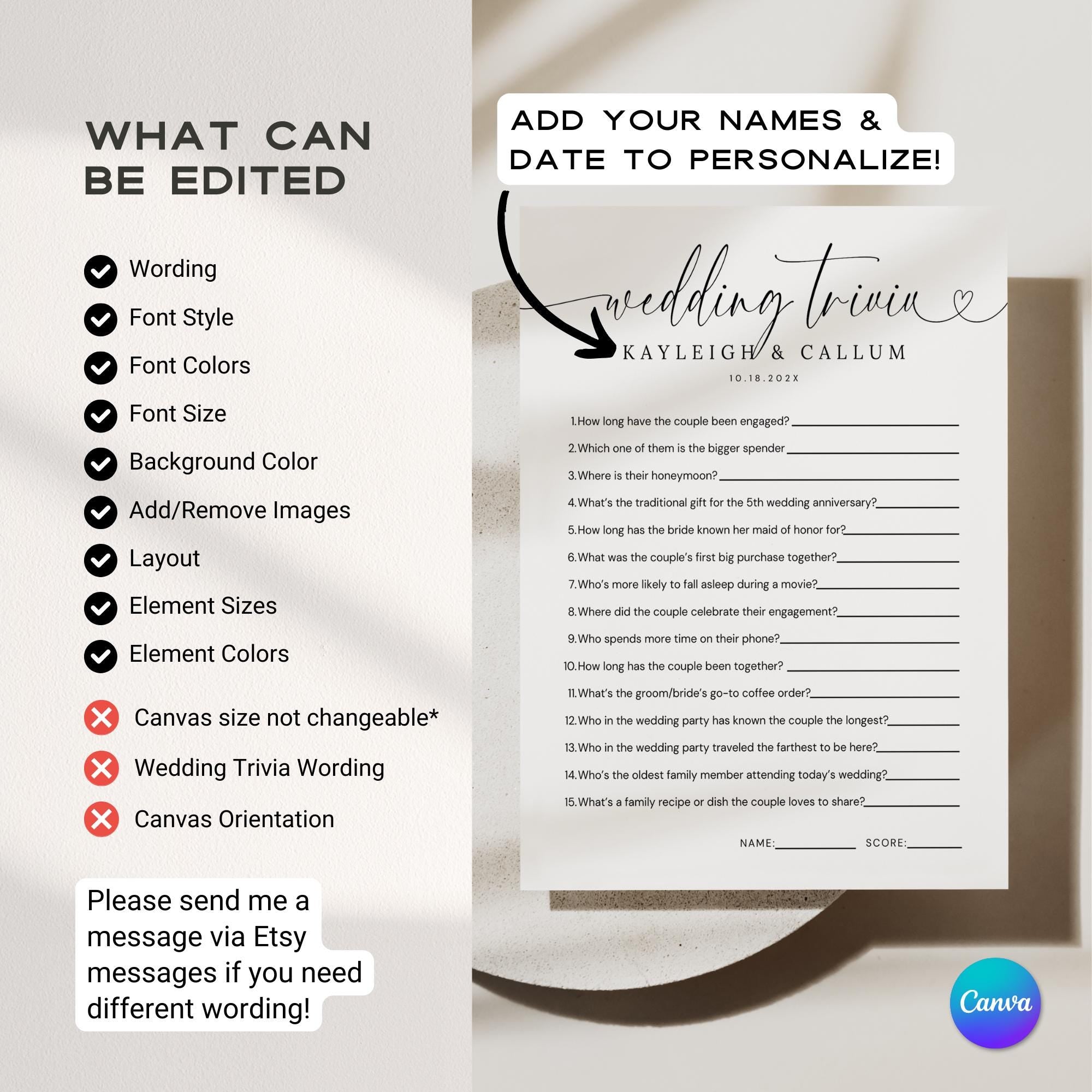 Minimal Wedding Trivia Game Template – Modern Reception Table Games Editable Canva DIY