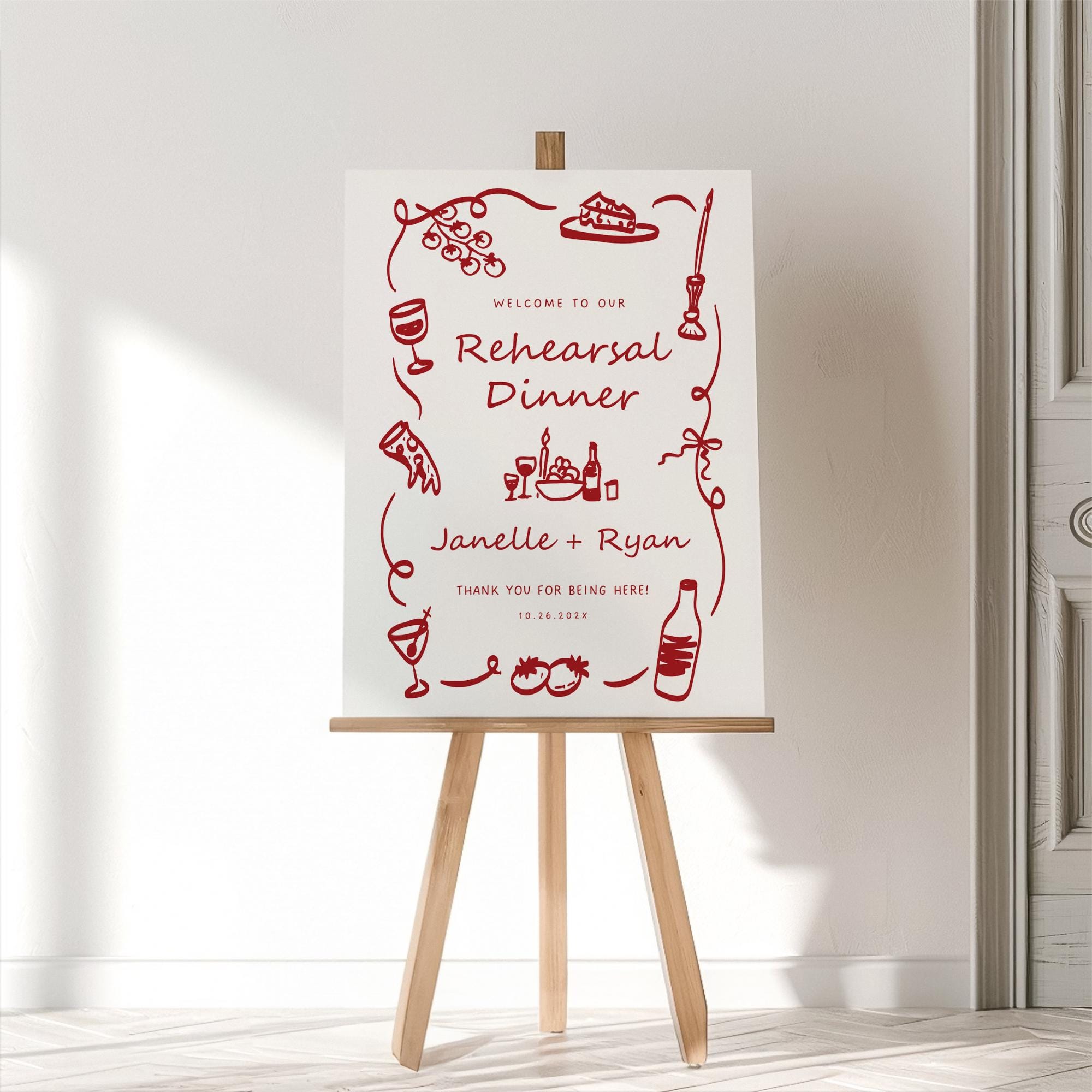 Whimsical Italian Rehearsal Dinner Welcome Sign – Hand-Drawn Engagement Party Canva Template