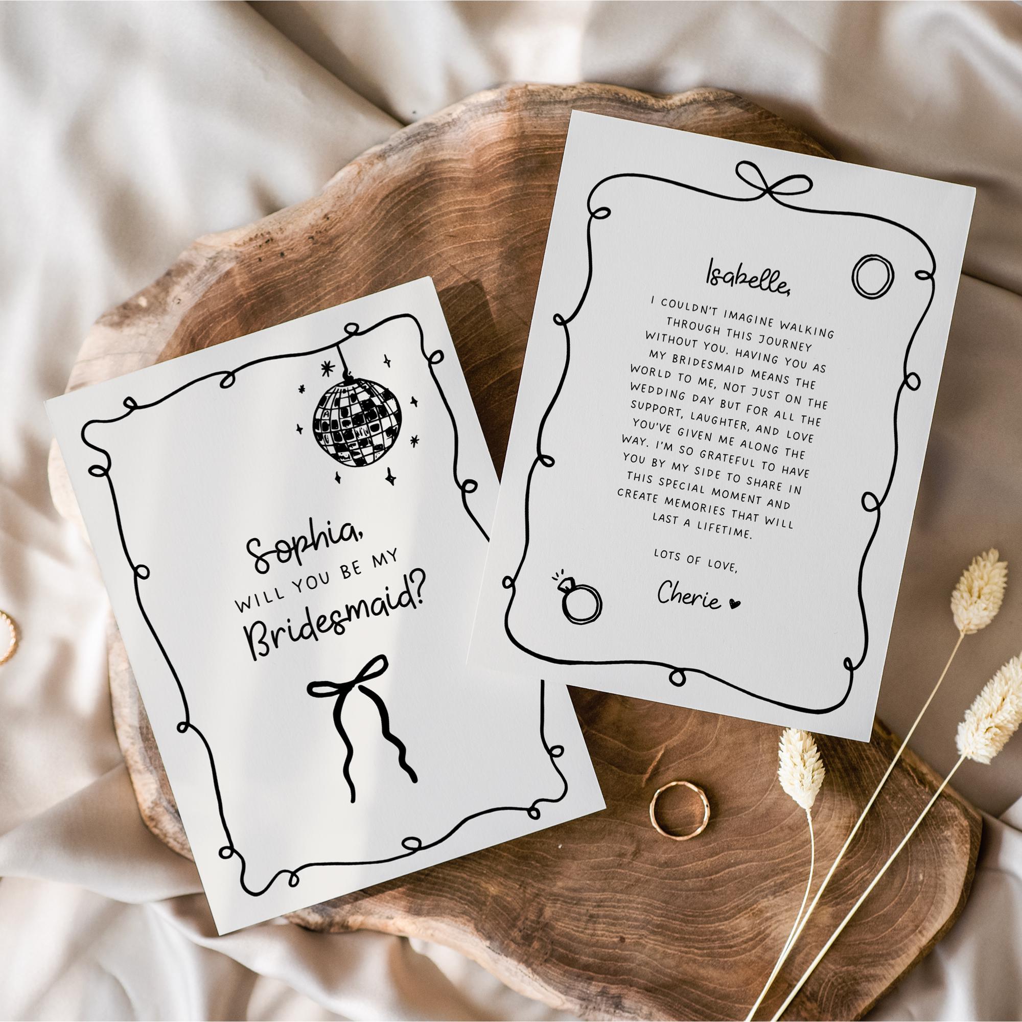 Whimsical Bridesmaid Proposal Card Template – Hand-Drawn Bow Bridal Party Cards