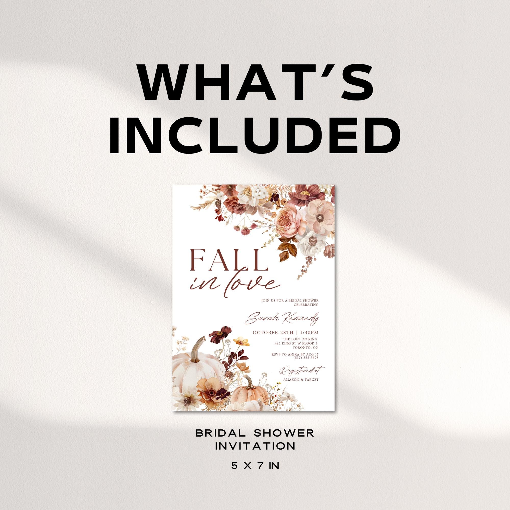 Fall In Love Bridal Shower Invitation Template, Fall Pumpkin Bridal Shower Invites, Autumn Floral Bridal Shower Invitations, Editable Canva