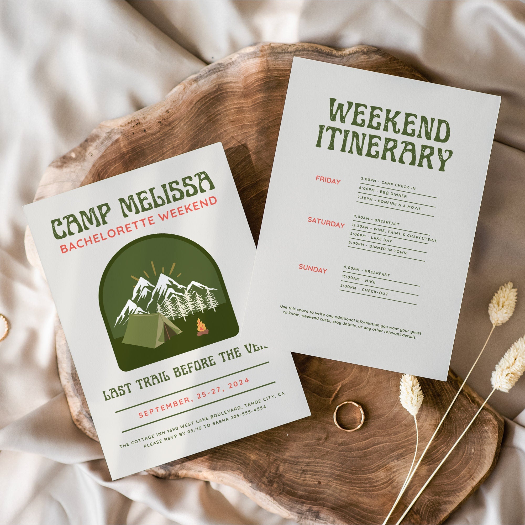 Camp Bachelorette Party Invitation, Itinerary & Packing List Template | Last Trail Before the Veil | Girls Trip Weekend | Camping Bachelorette Printable