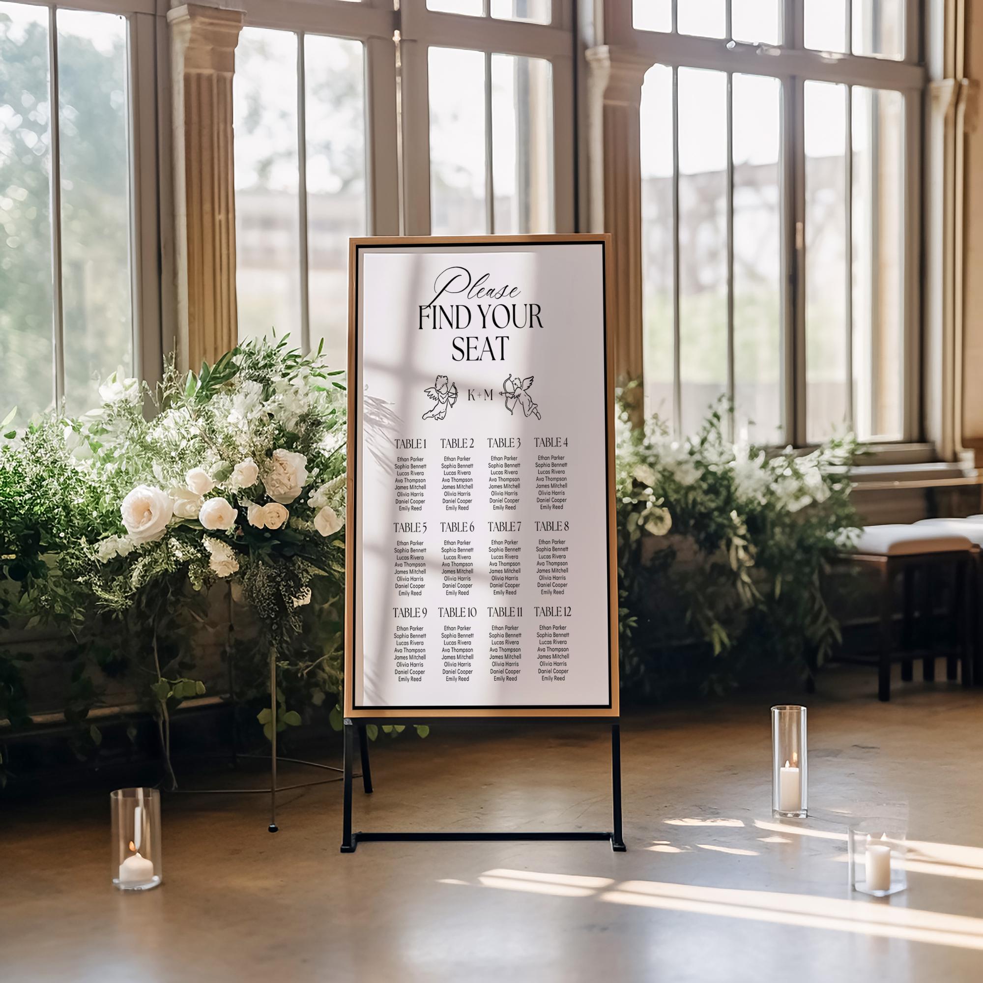 Old Money Wedding Seating Chart Template – Hand-Drawn Vintage Elegance Reception Sign, Editable Canva Template