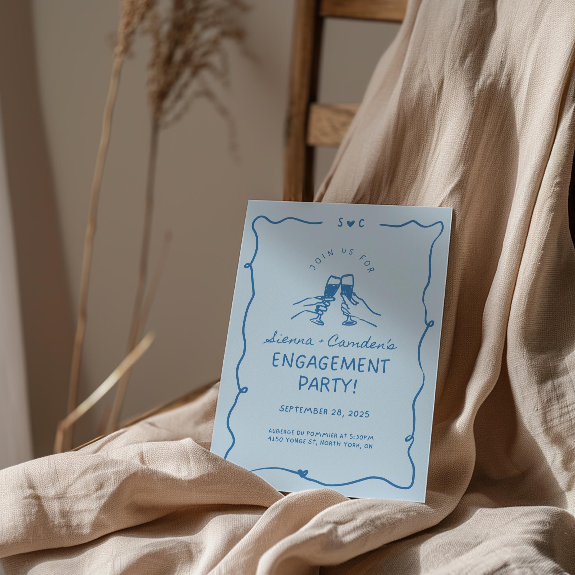 Blue Engagement Party Invitation – Whimsical Hand-Drawn Bridal Shower Invite Editable Canva Template