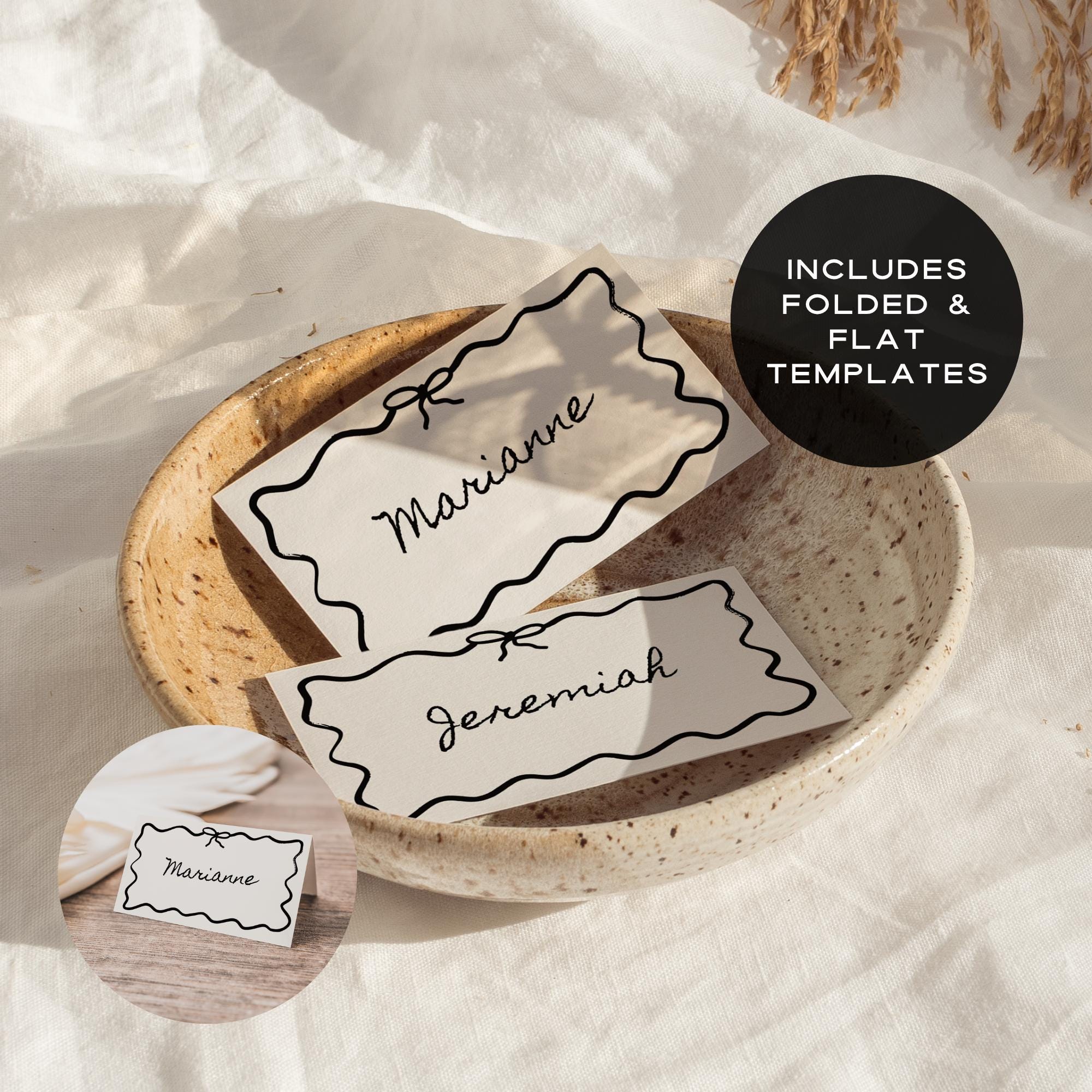 Whimsical Place Card Template – Flat & Folded Wedding Table Name Cards Canva DIY