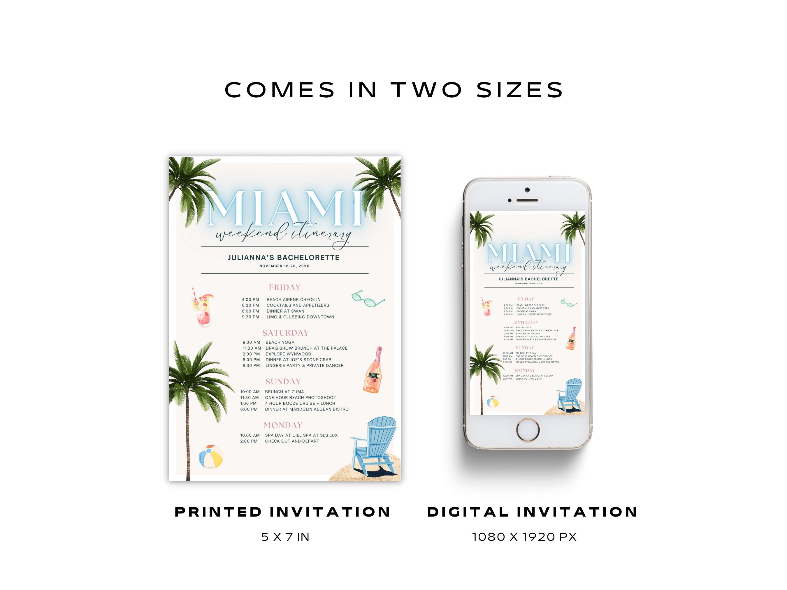 Miami Bachelorette Itinerary Template – Tropical Weekend Travel Schedule Canva