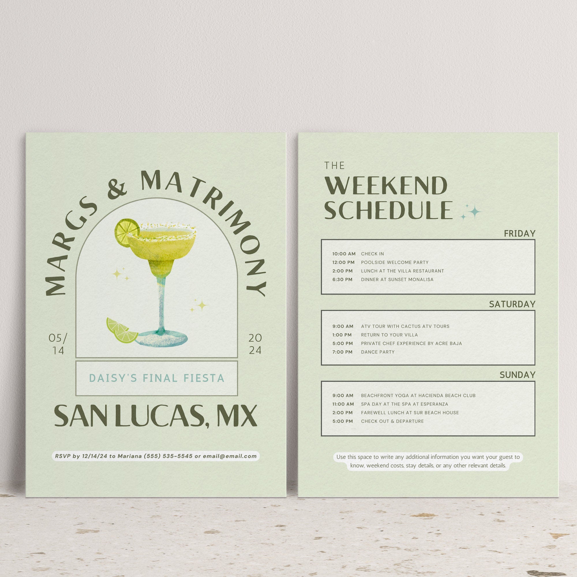Margs and Matrimony Bachelorette Invitation – Fiesta Weekend Itinerary & Packing List Canva Template