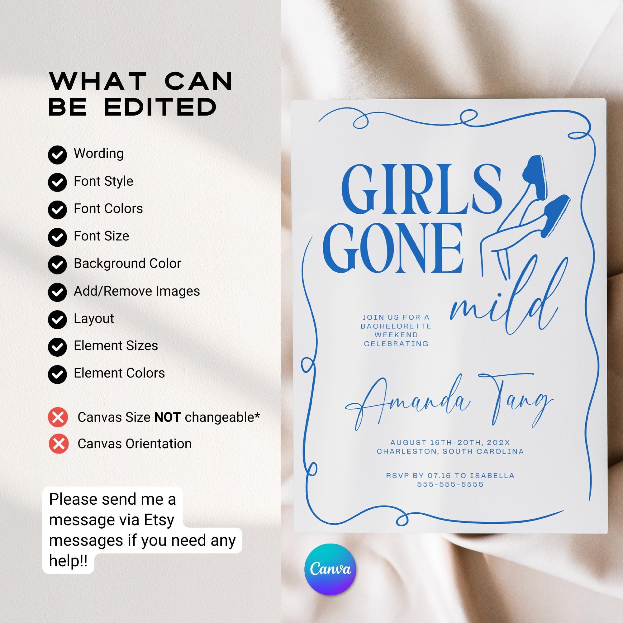 Girls Gone Mild Bachelorette Invitation, Itinerary & Packing List – Editable Slumber Party Canva Template