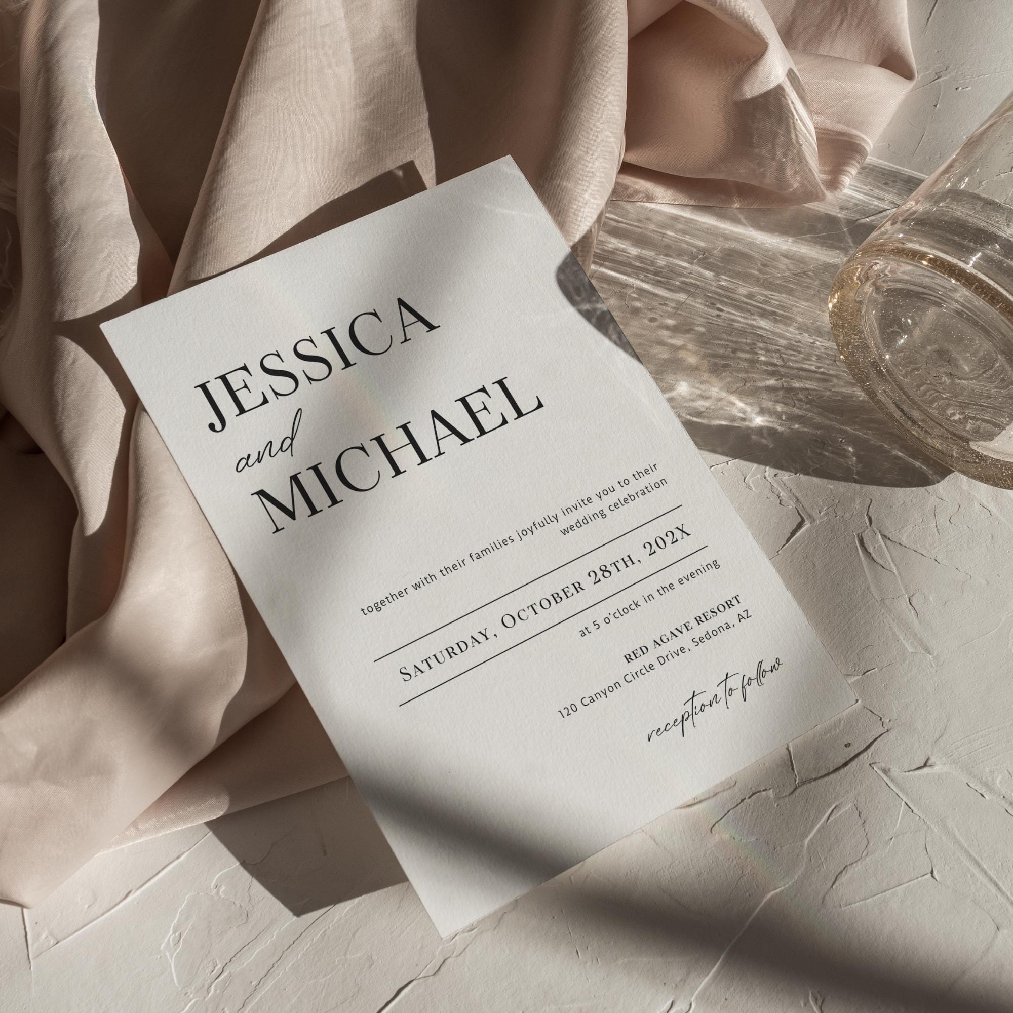 Minimalist Wedding Invitation Suite Template – Modern Invitation, QR Code RSVP & Details Card Bundle