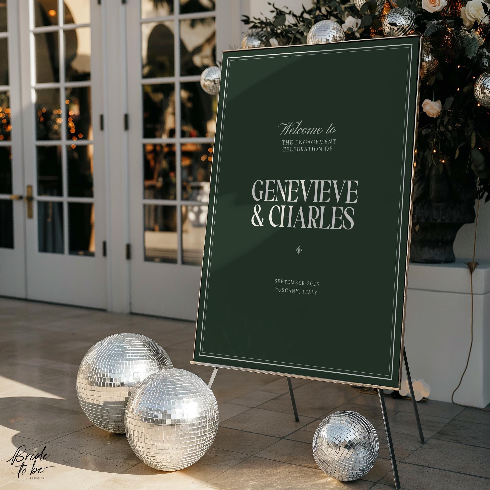 Forest Green Engagement Party Welcome Sign – Elegant Old Money Canva Template