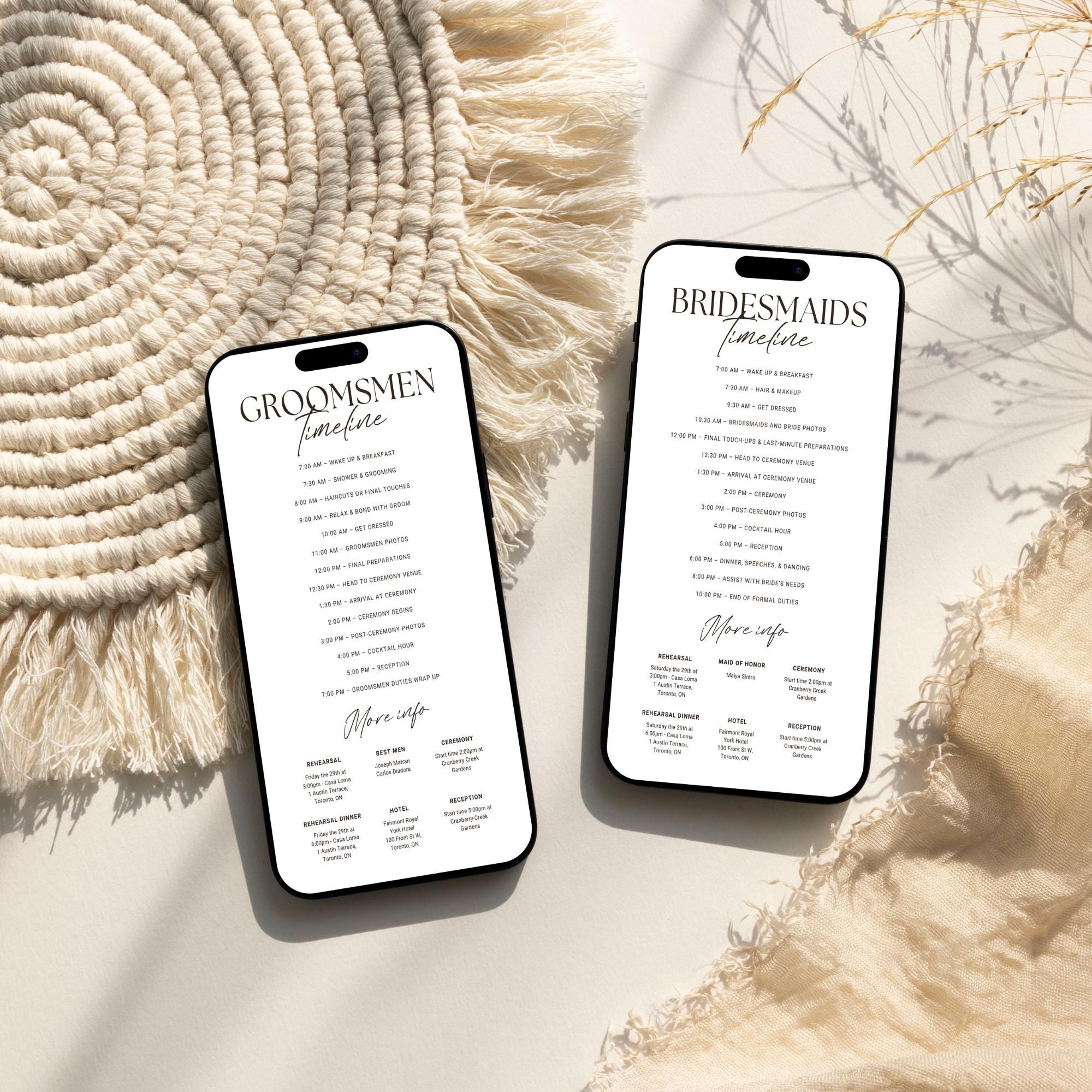 Mobile Wedding Timeline Template, Printable Wedding Program, Digital Itinerary Canva, Bridesmaids Groomsmen Wedding Weekend Details Card DIY