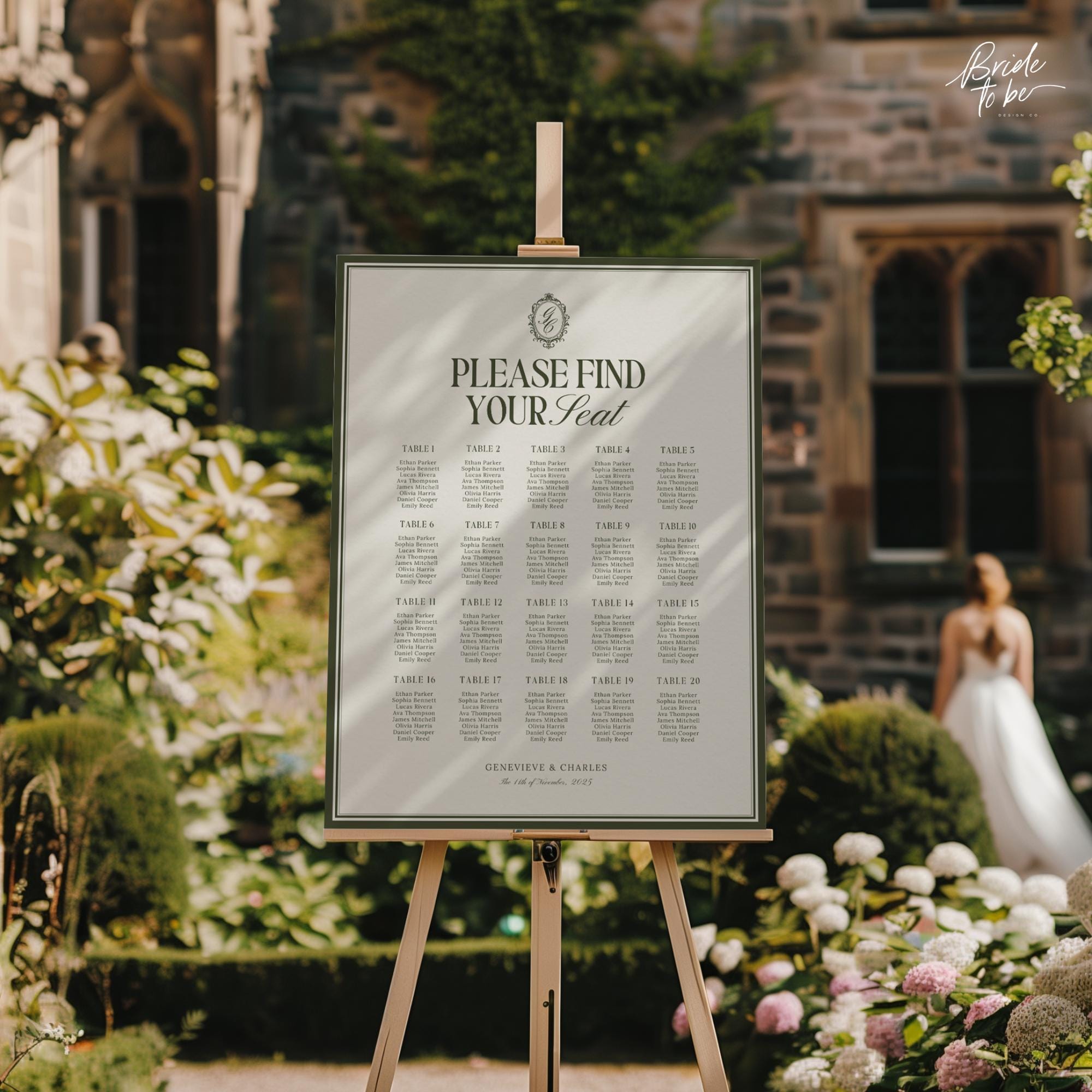 Old Money Olive Green Seating Chart Template – Elegant Wedding Seating Sign – Editable Canva Layouts