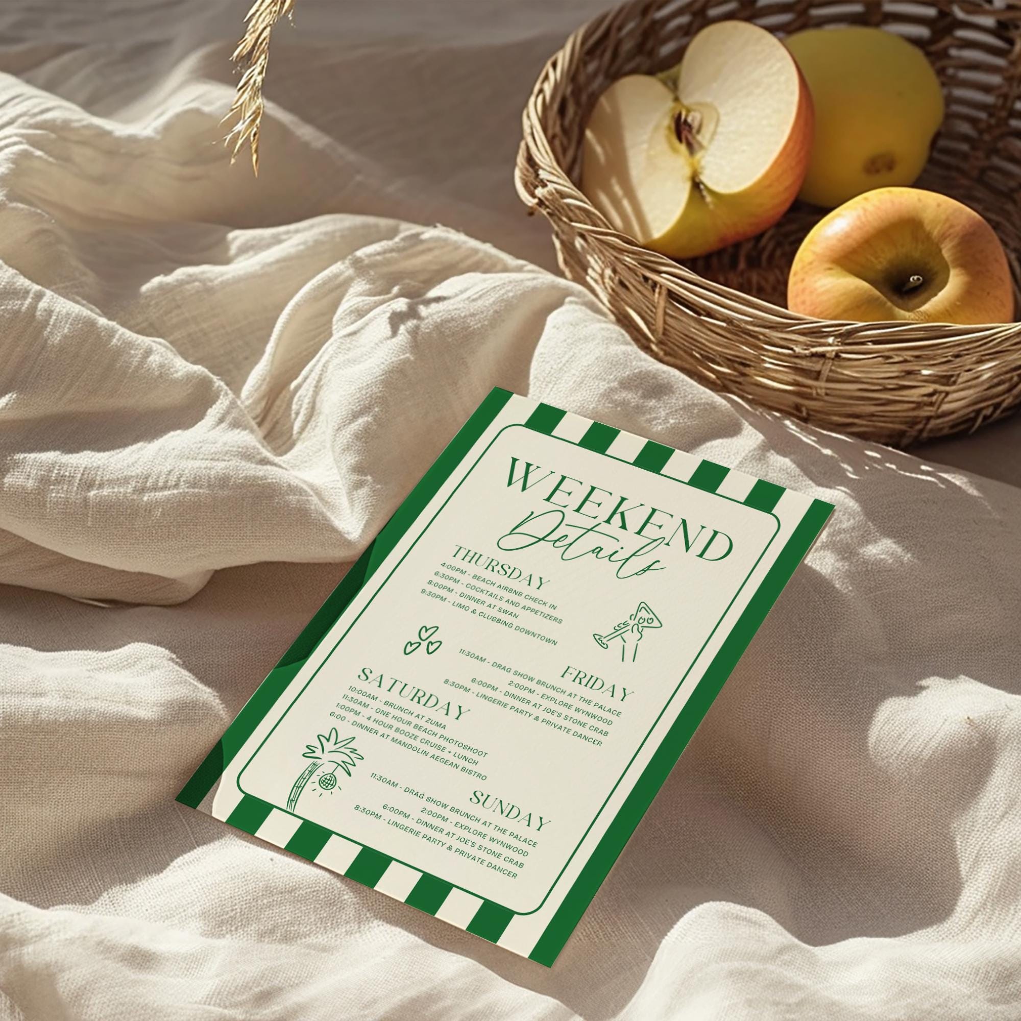 Bride In a Tini Bit Bachelorette Itinerary & Invitation – Martini Bachelorette Canva Template Bundle