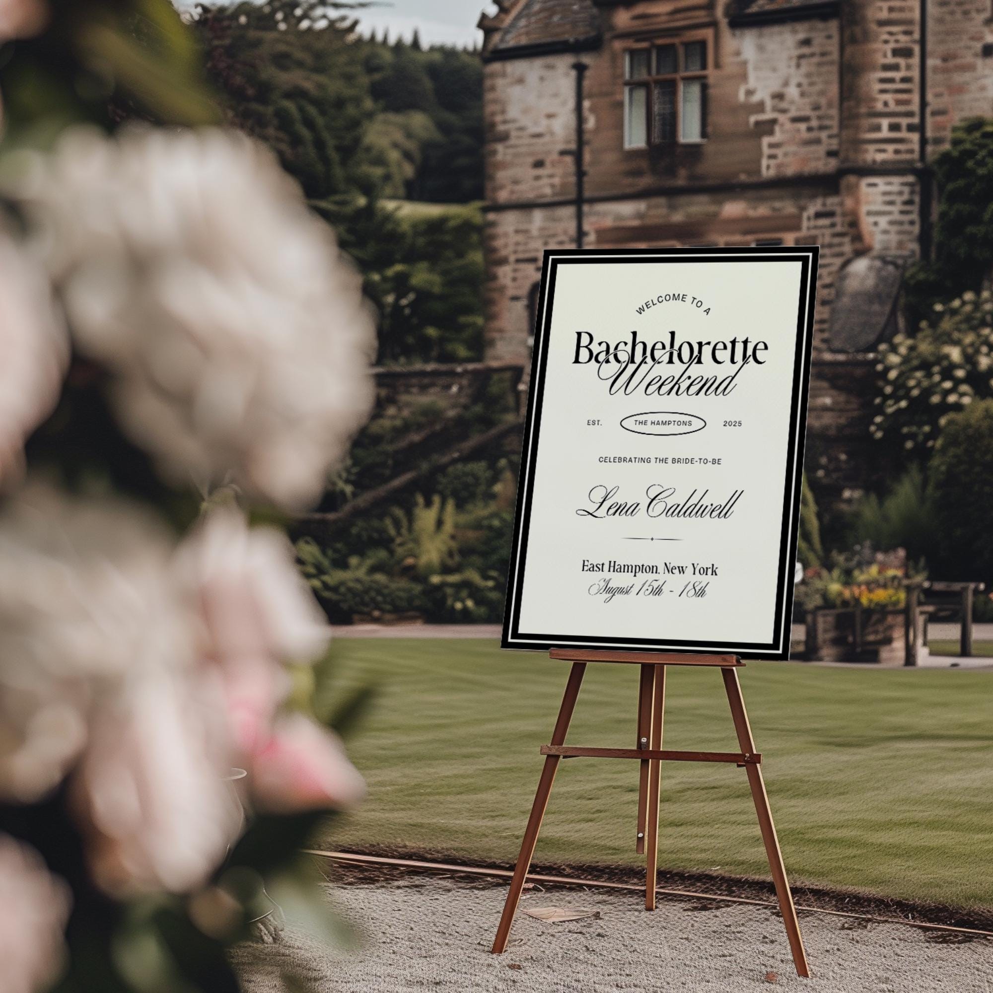 Black Old Money Aesthetic Bachelorette Welcome Sign – Luxury Girls Trip Decor Editable Canva Template