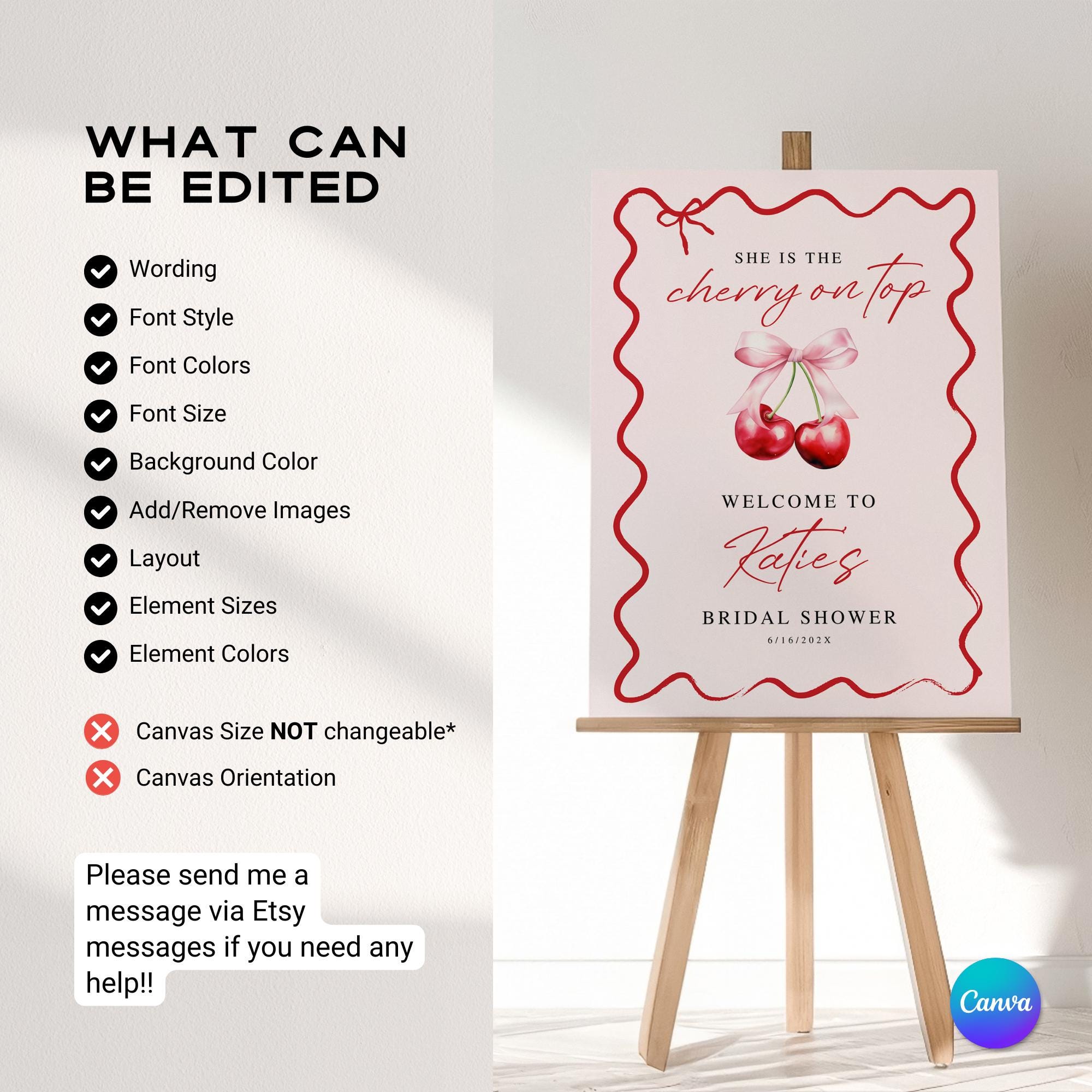 Cherry On Top Bridal Shower Welcome Sign Template – Editable Canva, Wavy Pink Cherries Design