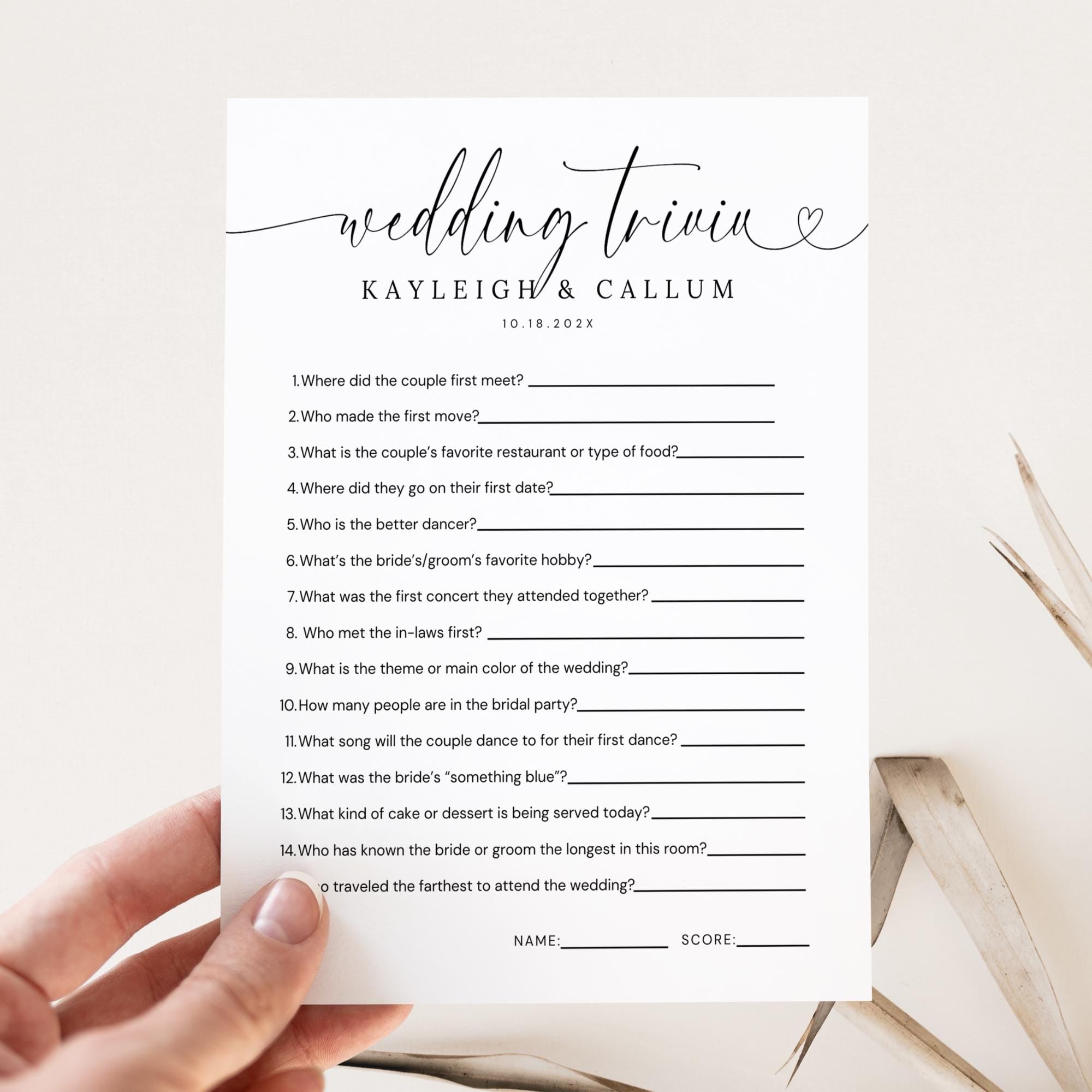 Minimal Wedding Trivia Game Template – Modern Reception Table Games Editable Canva DIY