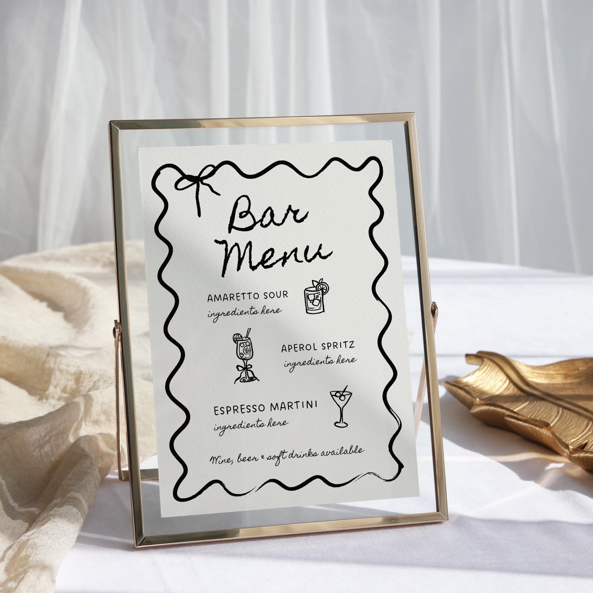 Hand-Drawn Wedding Bar Menu Sign Template – Wavy Border Open Bar Sign & SVG Drink Icons (Editable Canva DIY)