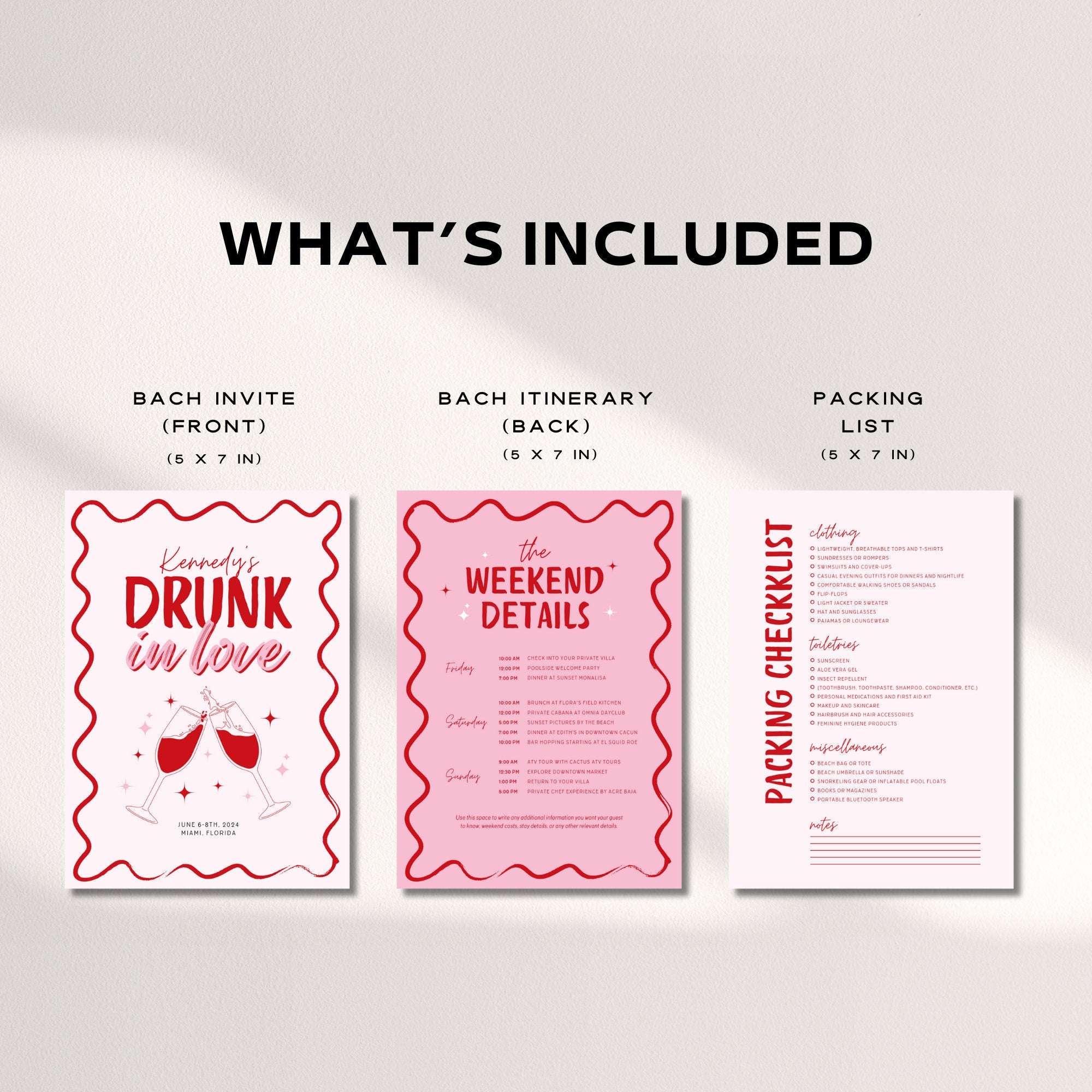 Drunk in Love Bachelorette Itinerary & Invitation – Wavy Pink Girls Trip Canva Template