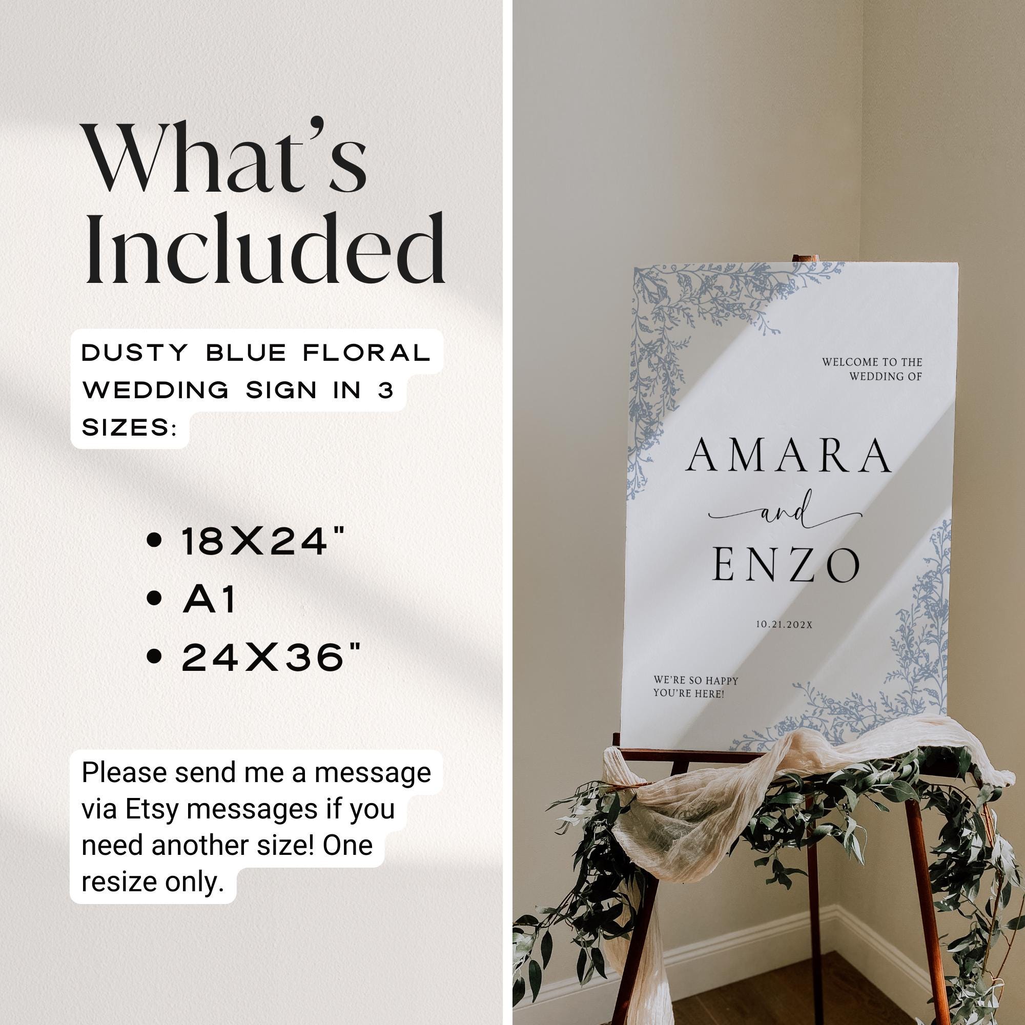Dusty Blue Wedding Sign Template | Editable Floral Welcome Sign | Chinoiserie French Country Wedding Signage | Garden Wedding Canva DIY