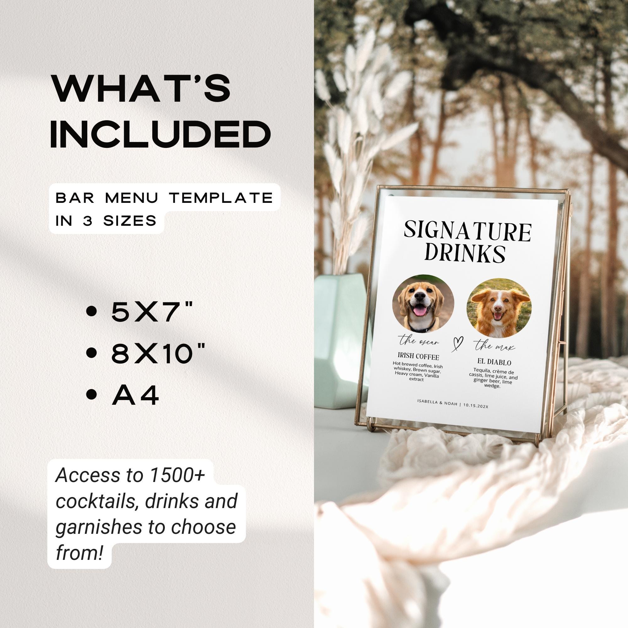 Dog Signature Drink Wedding Bar Sign – Editable Pet Cocktail Menu Canva Template