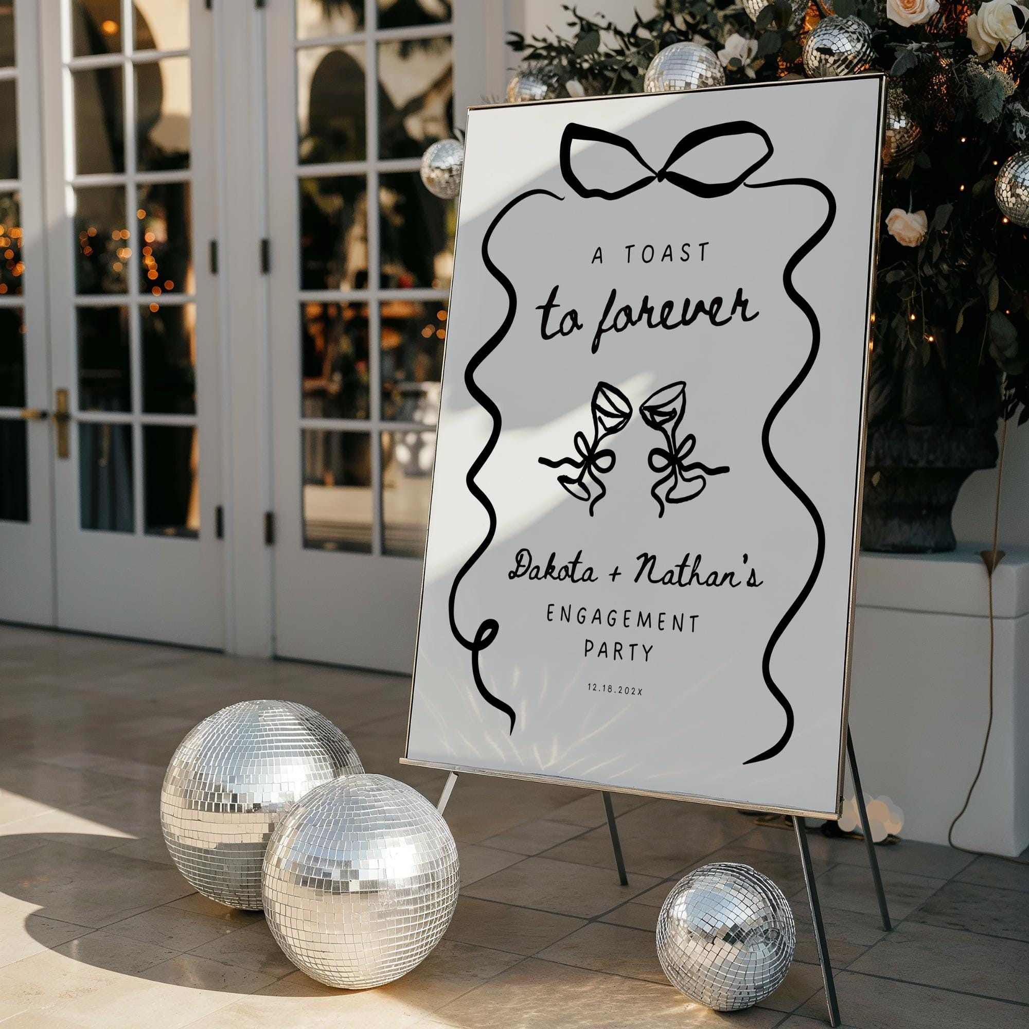 Wavy Bow Engagement Party Welcome Sign – Whimsical Hand-Drawn Champagne Canva Template