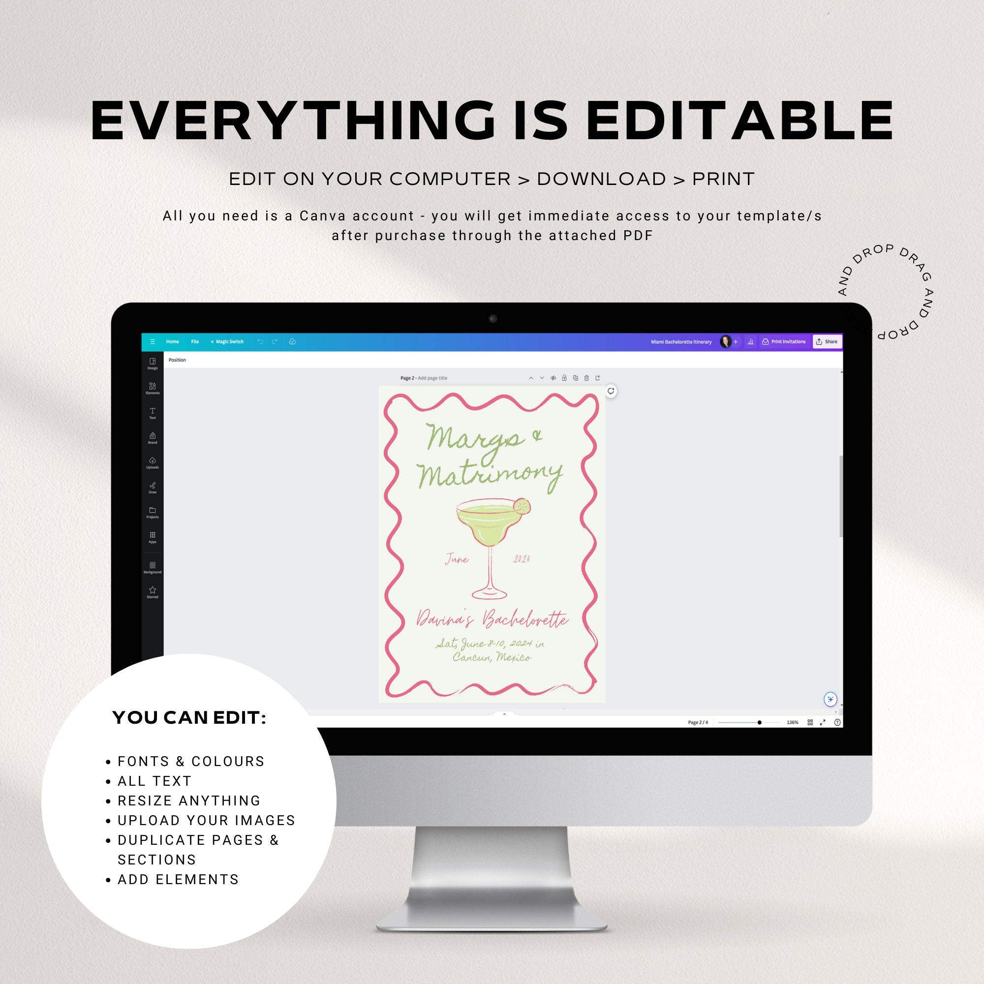 Margs & Matrimony Bachelorette Invitation, Itinerary & Packing List – Editable Canva Templates